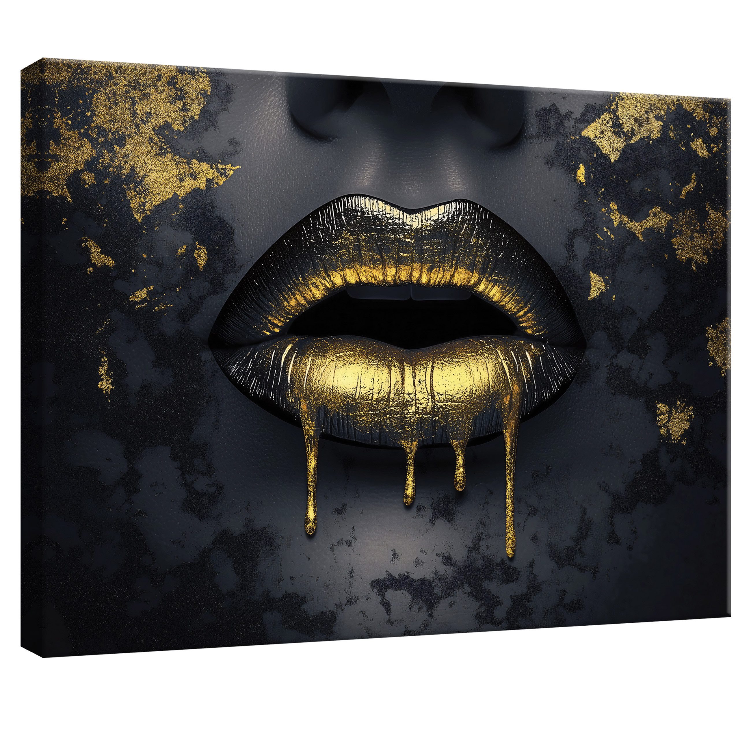 Wallarena Leinwandbild Mund Frau Gold Schwarz Wandbilder XXL Wand Deko Bild günstig online kaufen