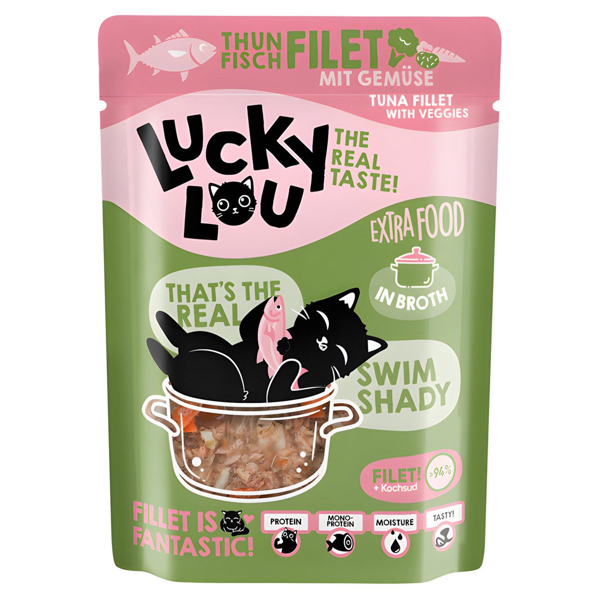 Lucky Lou Extra Food Thunfisch mit Gemüse in Sud 70 g, Nassfutter für: Katze