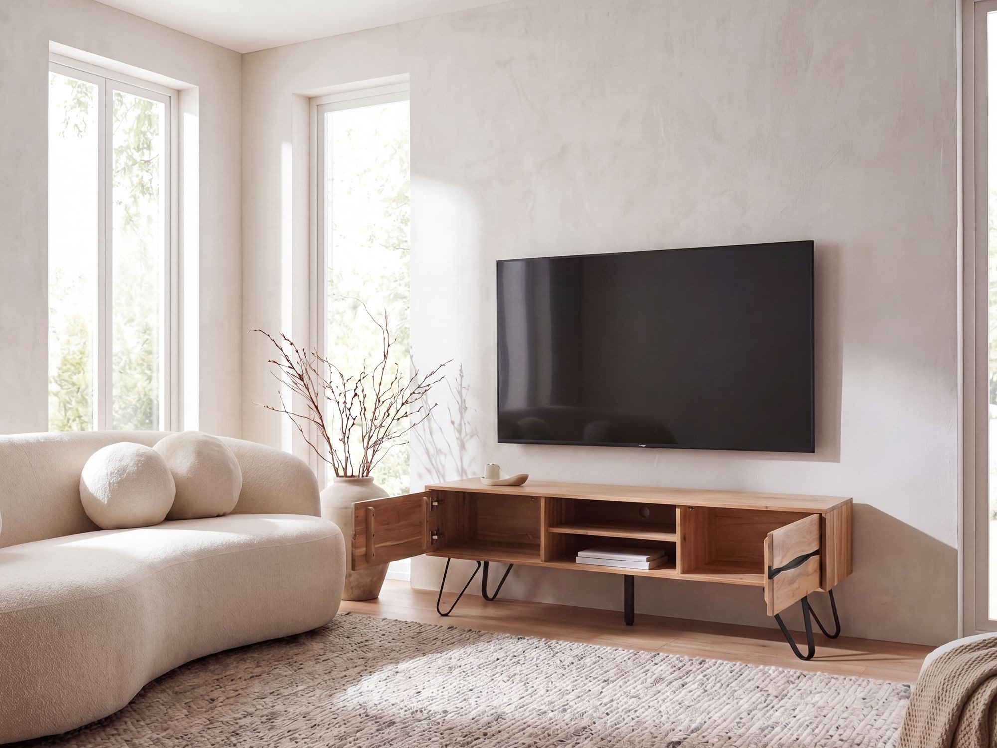 Wohnling Lowboard WL7.784 TV Board Fernsehschrank Fernsehkommode Massivholz 160cm Holz (Stilvolles Mediamöbel aus echtem Akazienholz), Viel Stauraum dank zwei Ablage- & Türfächer
