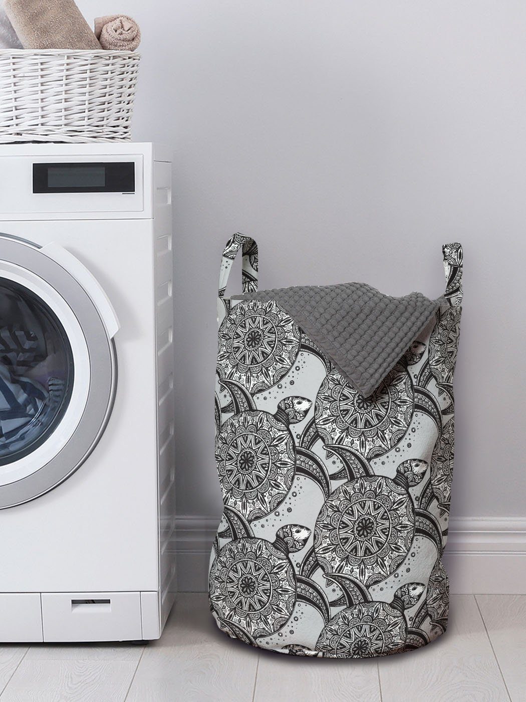 Wäschekorb für Detaillierte Waschsalons, Abakuhaus mit Wäschesäckchen Mandala-Zeichen Schildkröte Kordelzugverschluss Griffen