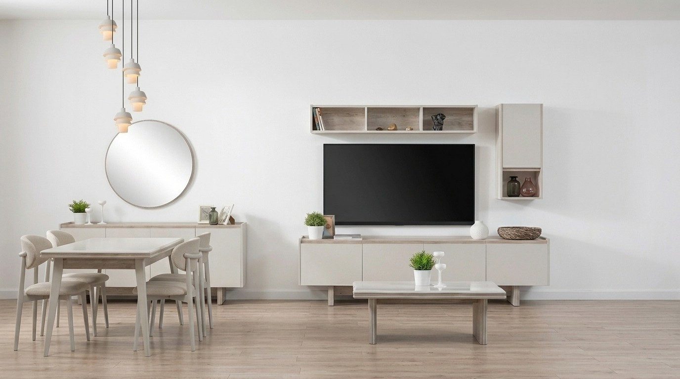 Xlmoebel Esszimmer-Set Wohnzimmer Esszimmer Set Beige Modern Edel Möbel Komplett Set, (10-St., 1x Tisch, 4x Stühle, Sideboard, Spiegel, TV Lowboard, Wandregal)