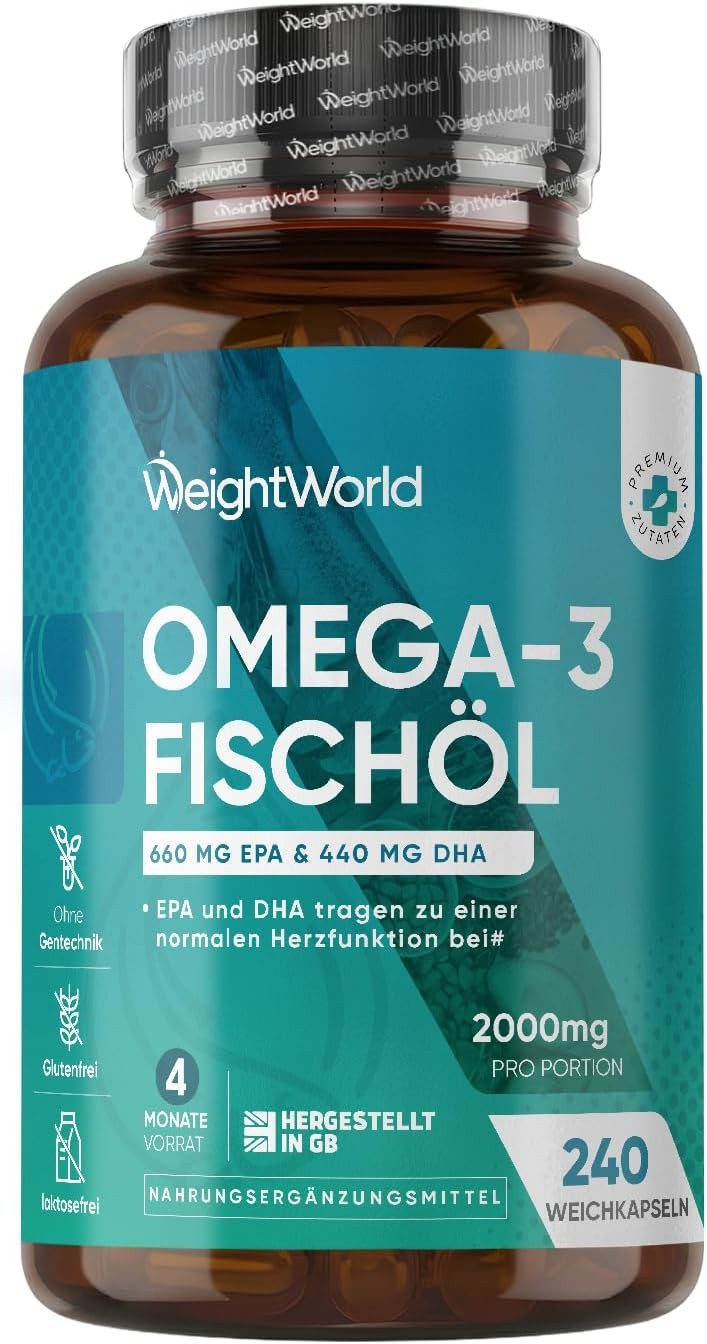 WeightWorld Omega 3 Weichkapseln – 240 Kapseln, 2000 mg Fischöl, EPA & DHA Weichkapseln, 1 er 240 St., 359 g, Frei von Gluten, Laktose & Gentechnik