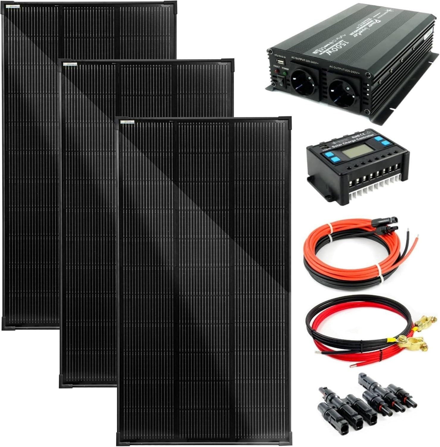 solartronics Solarmodul Solarset: 3x 120W Solarpanel 1500W Wandler 30A Laderegler Solarkabel, Monokristallin, (Set), ESG-Glas