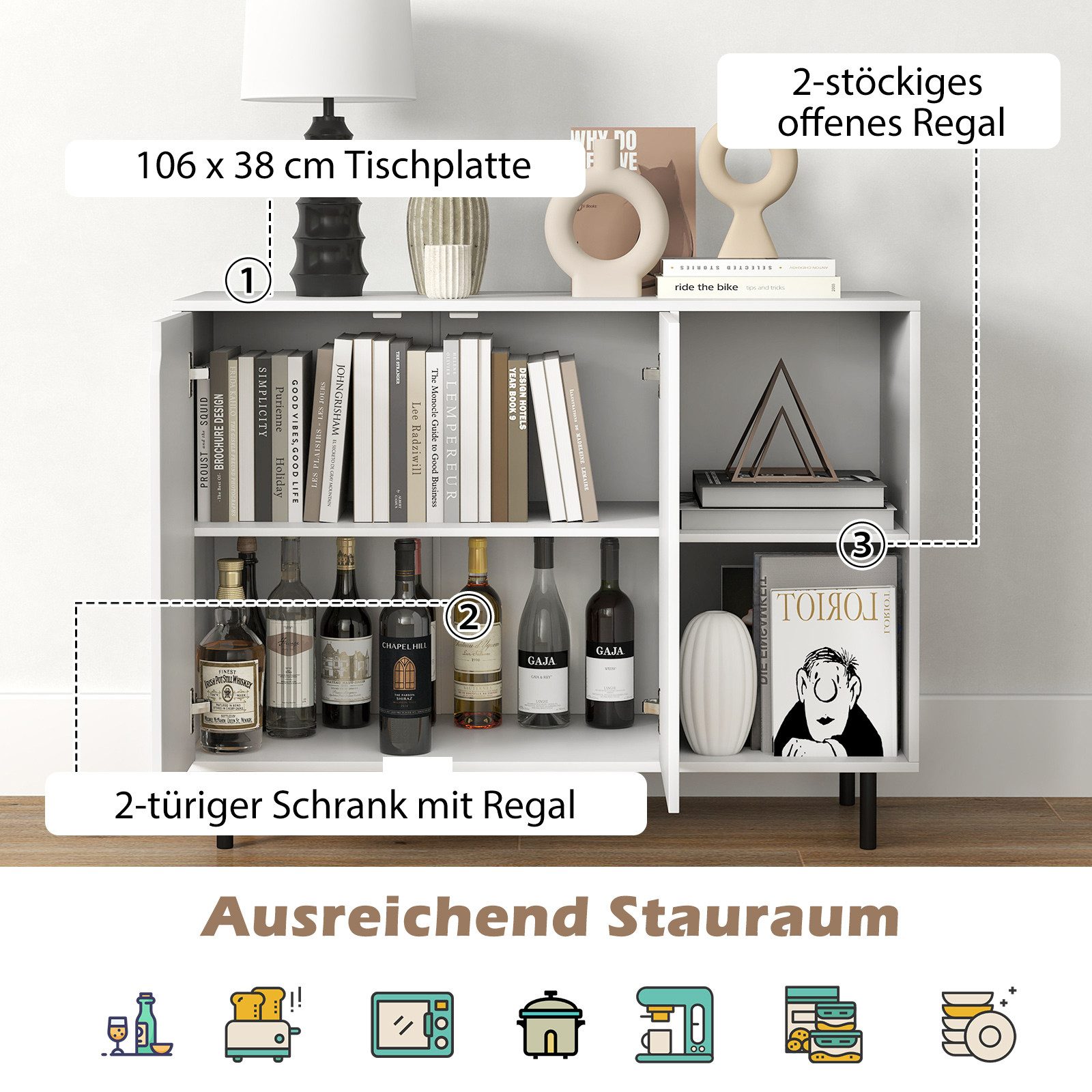 COSTWAY Sideboard, Anrichteschrank mit Fächern, verstellbare Ablagen, 106x38x80cm