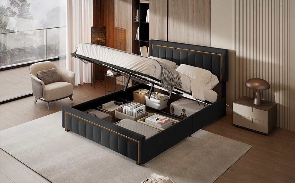 FUROKOY Polsterbett Hydraulisches Doppelbett Kiefernholzbett Funktionsbett günstig online kaufen