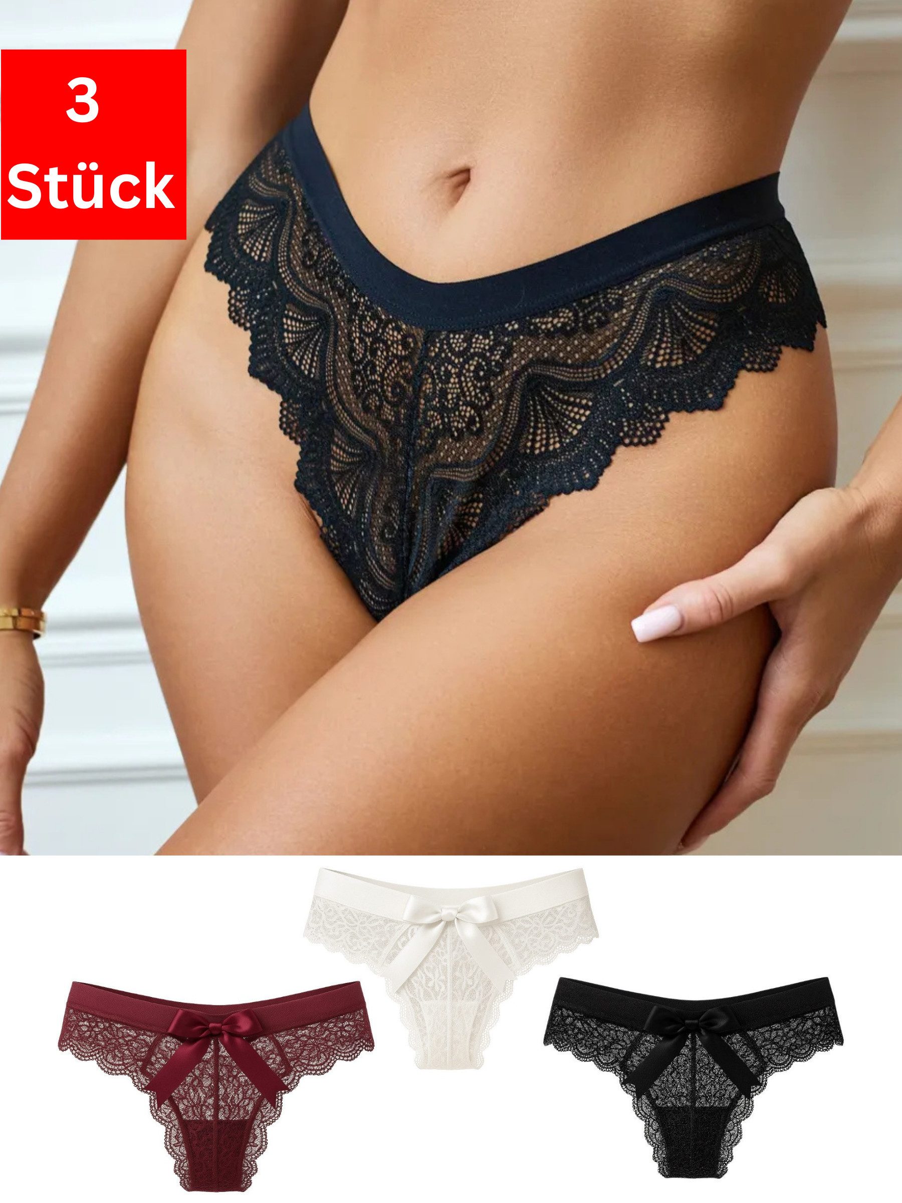 Elegant Love Tangaslip Spitzen-Tanga mit Schleifen – Sinnliche Unterhosen für Damen (Set, 3-St., 3er-Pack) Elegante V-String Unterwäsche mit Zierschleife – Sexy Slip aus Spitze
