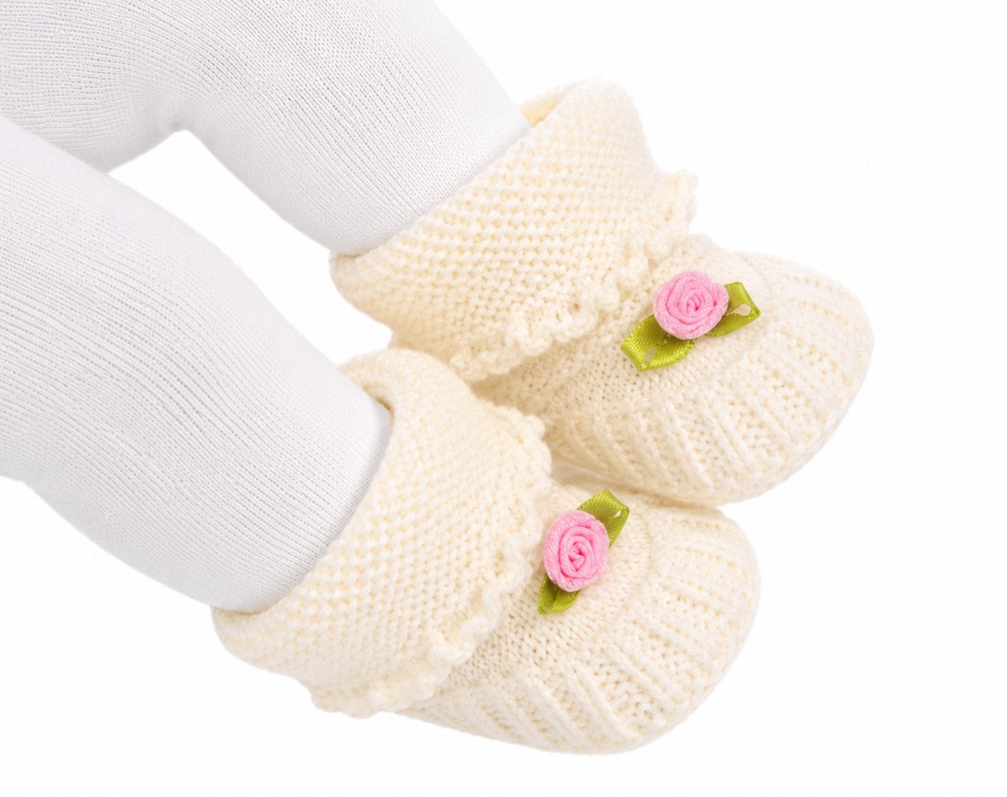 La Bortini Füßlinge Baby Strickschuhe Stricksocken Socken Erstlingssocken in Creme für Neugeborene, perfekt für Taufe, 50 56 62 68