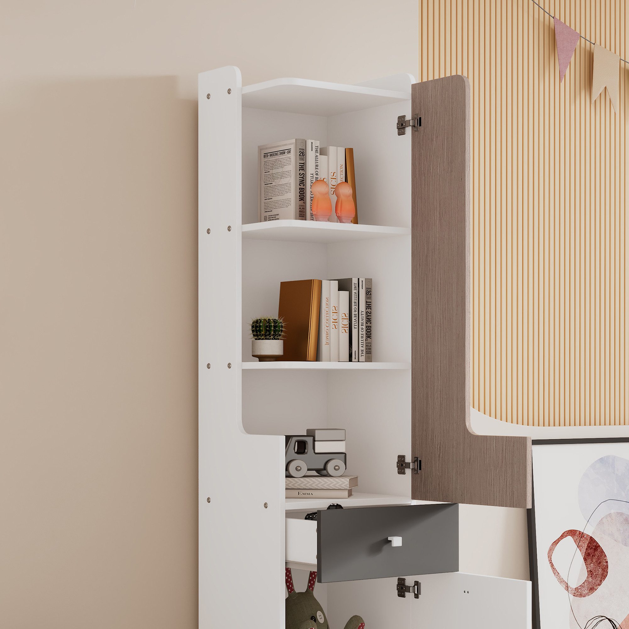 MODFU Bücherregal Regal mit L-förmigen Tür, Aufbewahrungsschränke, mit L-förmigen Tür, Schublade, in Weiß, Hellulme und Grau