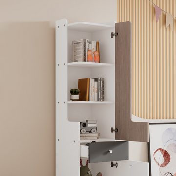 MODFU Einzelbett Kinderbett (Aufbewahrungsschränke, Regal mit L-förmigen Tür, mit Schublade, Türen mit Scharnieren, mit quadratische Metallknöpfe)