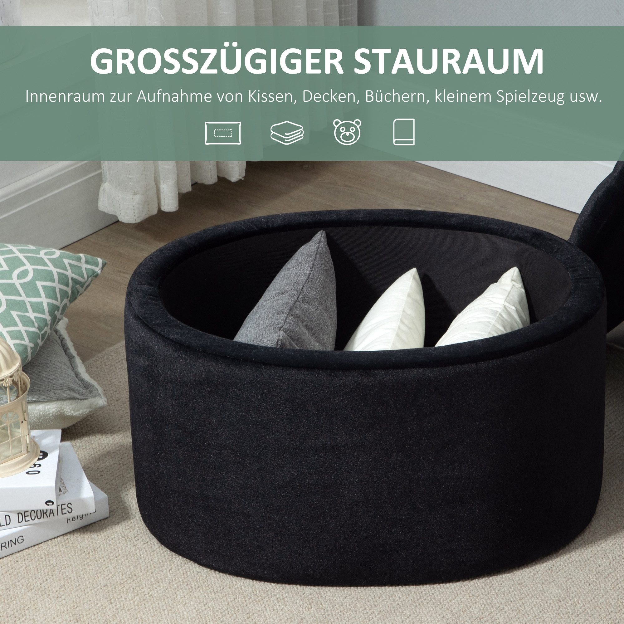 HOMCOM Sitzbank Polsterbank mit Samtoptik, Sitztruhe Ovale Form, Truhenbank (Aufbewahrungsbank, 1-St., Lagerbank), samtartiges Polyester Schwarz 71 x 52 x 42 cm – Bild 4 von 5