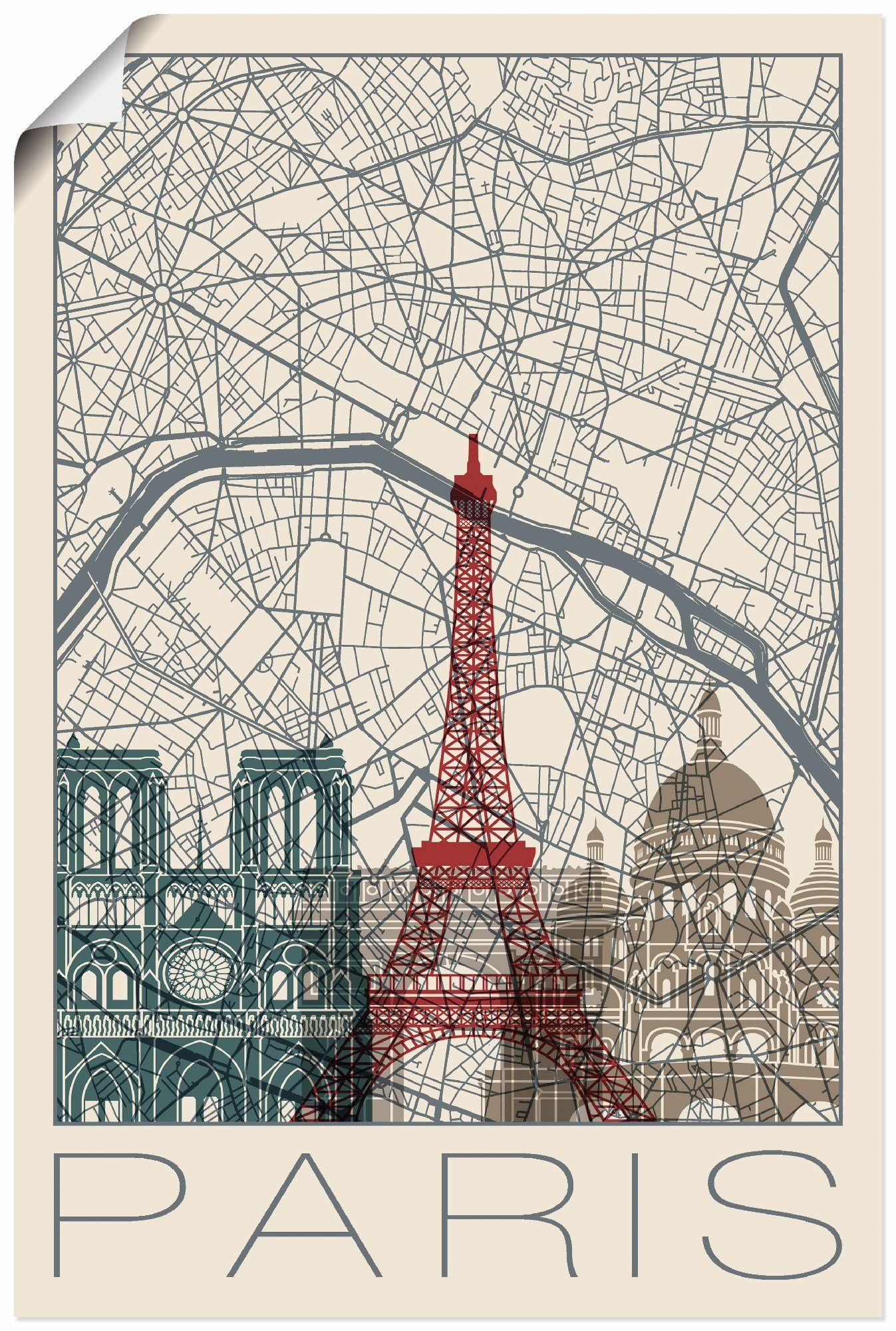 Artland Wandbild Retro Karte Paris Frankreich und Skyline, Frankreich (1 St), als Alubild, Outdoorbild, Poster in verschied. Größen