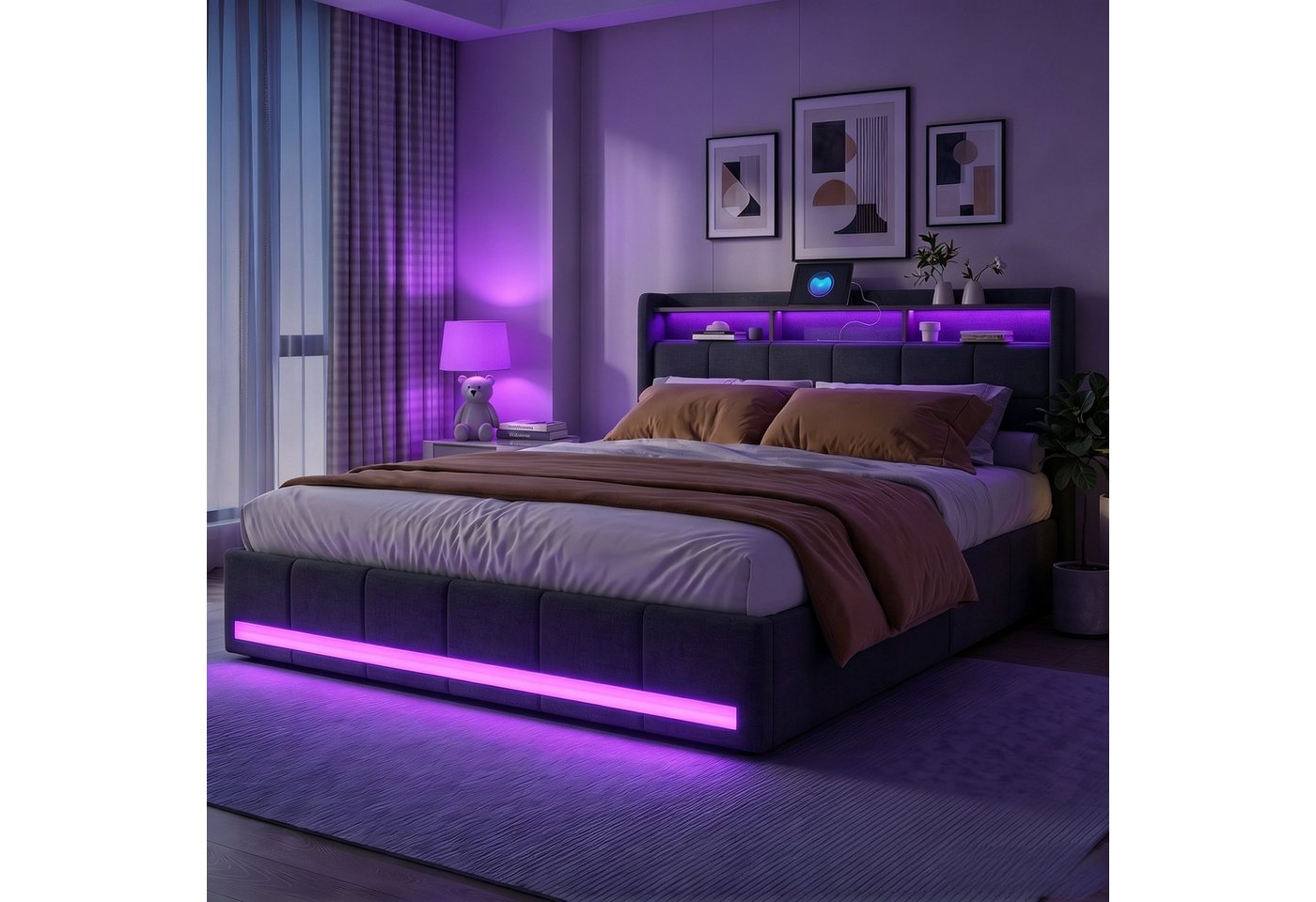 Gdood Stauraumbett LED Doppelbett Polsterbett mit Kopfteil und 4 Schubladen (Leinenmaterial Polsterbett mit RGB Beleuchtung), mit Lattenrost und Ladefunktion, mit Komforthöhe, Leises Design Bett