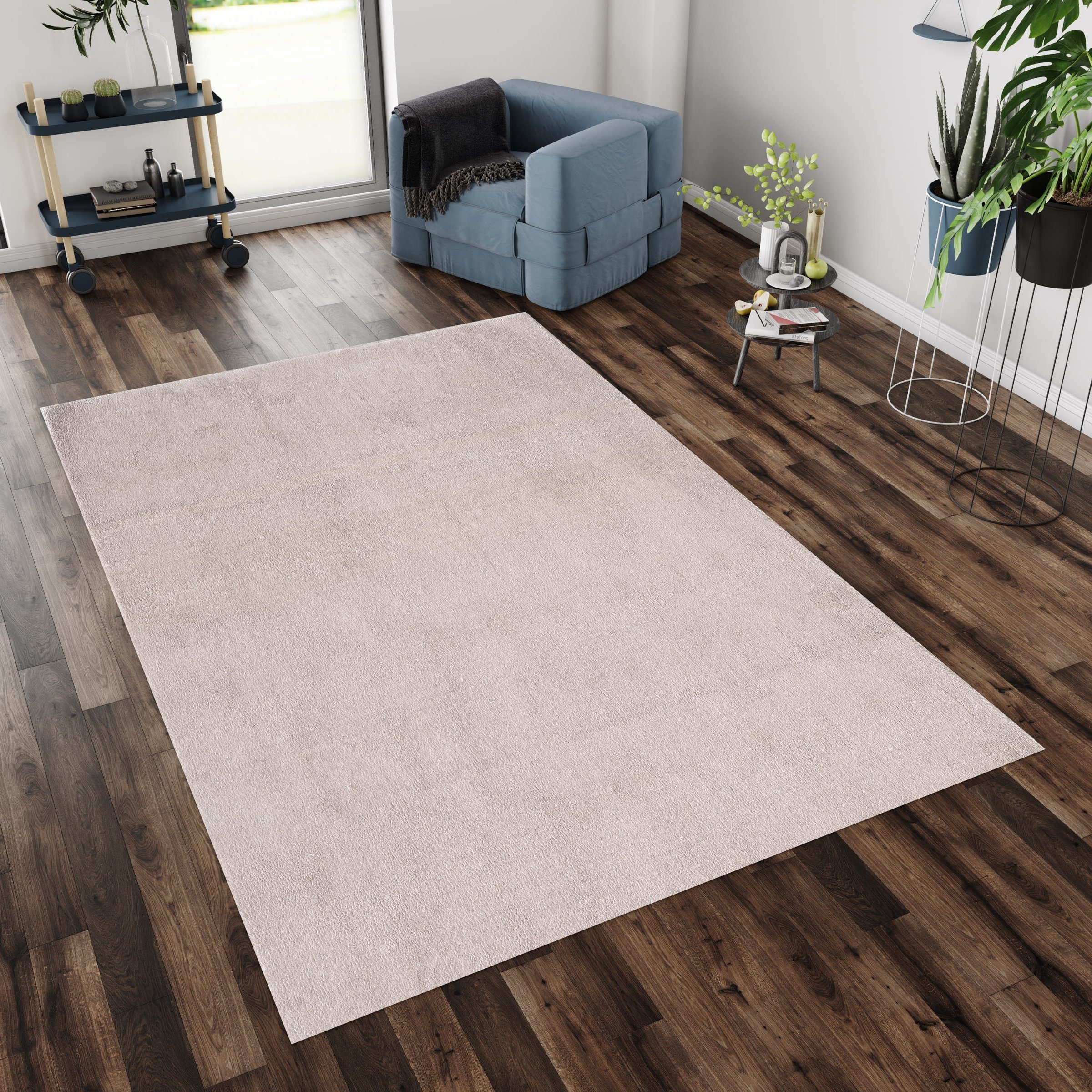 Teppich Unicolor - Einfarbig, HomebyHome, Rund, Höhe: 25 mm, Teppich Wohnzimmer Einfarbig Beige Kunstfell Plüsch Shaggy Waschbar