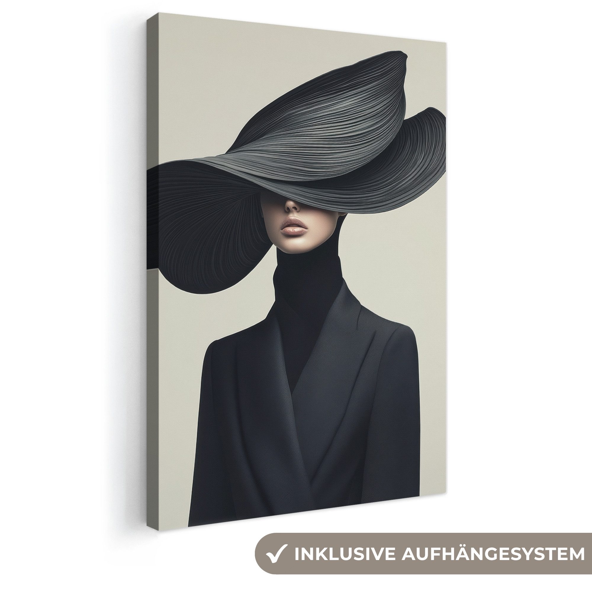 OneMillionCanvasses® Leinwandbild Schwarz - Frau - Hut, Fotodruck (1 St), Leinwand Canvas Wandbild, Wanddekoration 20x30 cm
