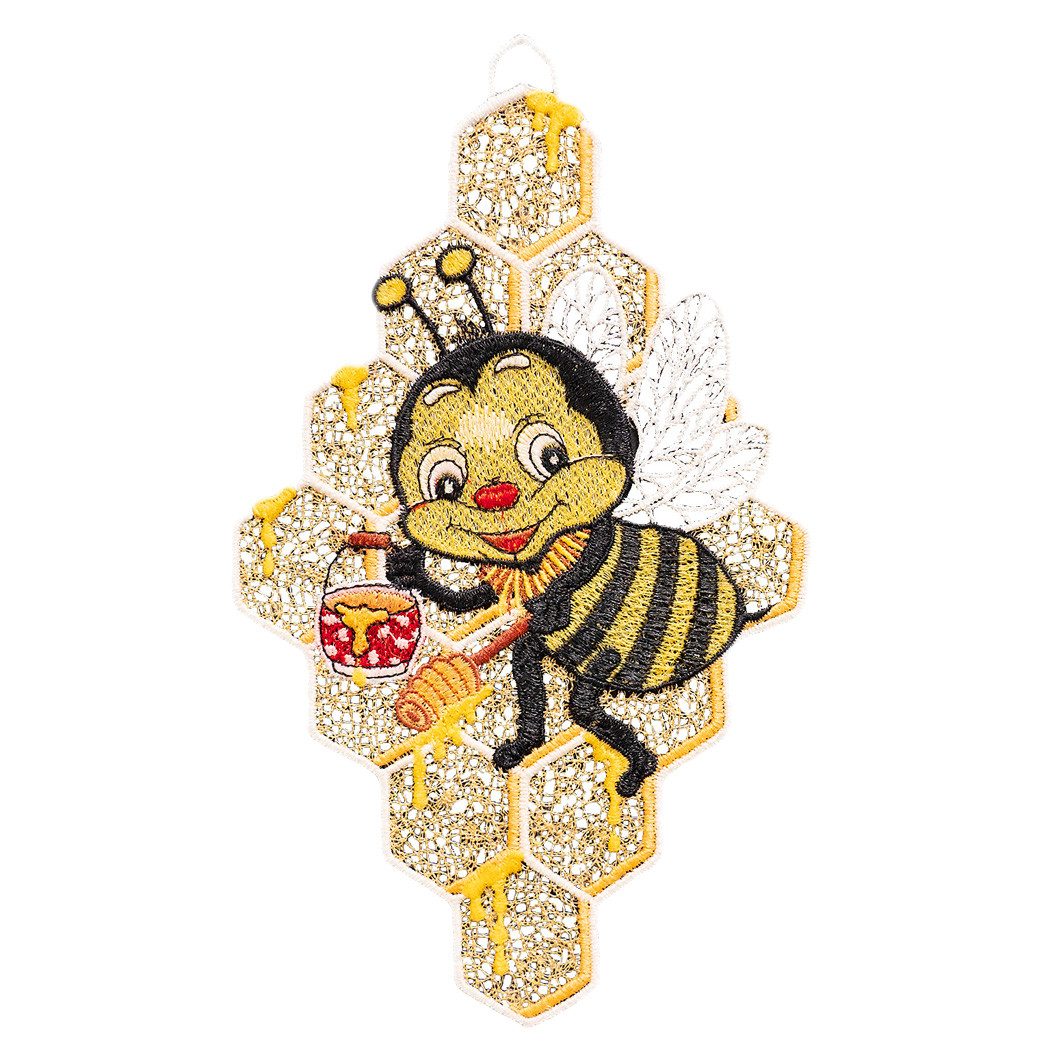 texpot Fensterbild Plauener Stickerei Biene Honigwabe Sommer Saughaken, Saughaken