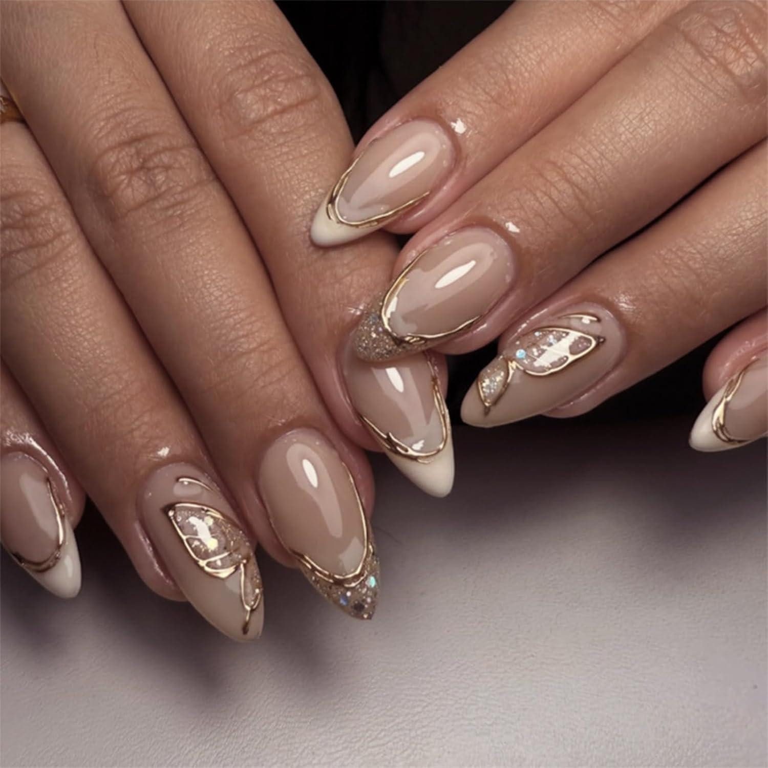 LuxusKollektion Kunstfingernägel Falsche Nägel 24 3D Gold Glitzer Mandel 12 Größen design-3