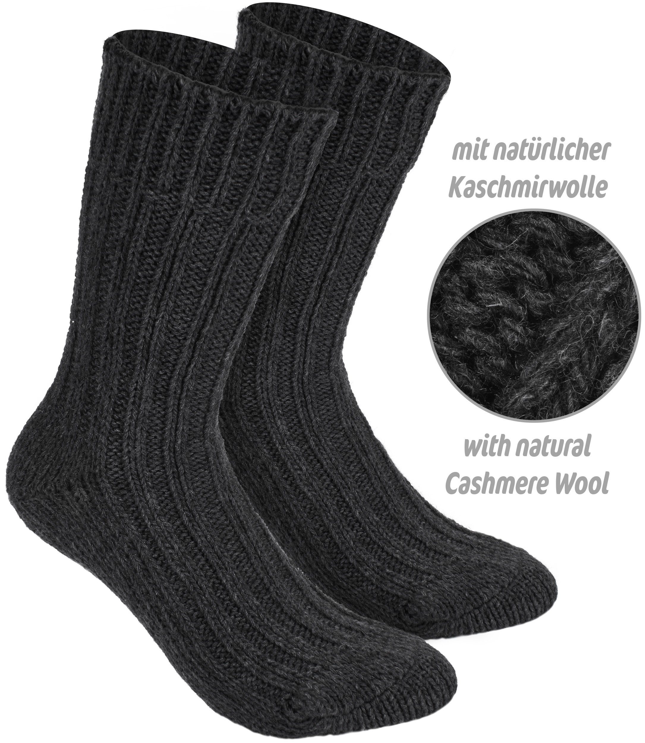 Damen für (4-Paar, Kuschelsocken Schafswolle 40% Grobstrick BRUBAKER Grau Wintersocken 48% Anteil) Herren und Cashmere warme und Kaschmir-Socken