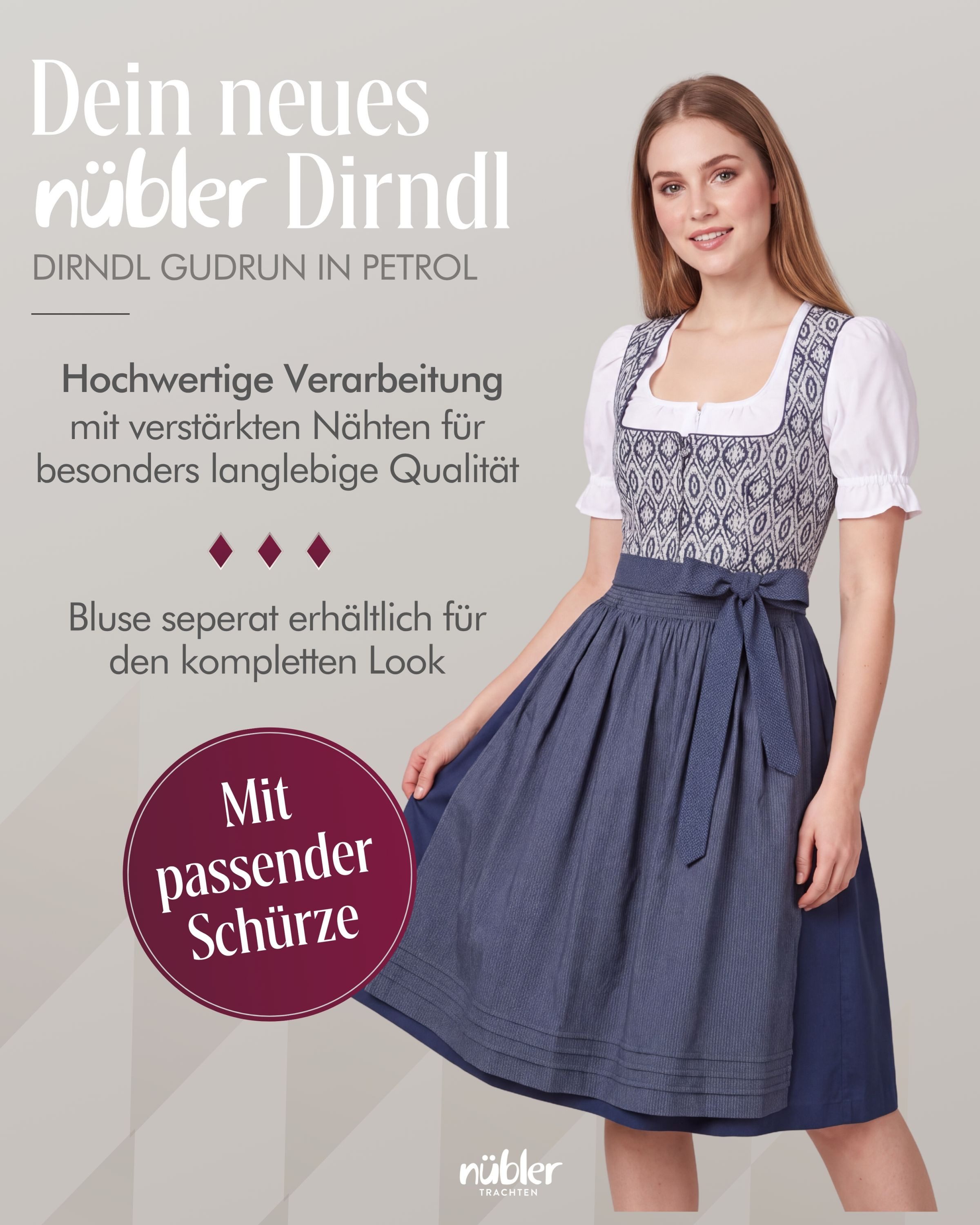 Nübler Dirndl Midi Dirndl Gudrun in Blau von Nübler - Rocklänge 70 cm