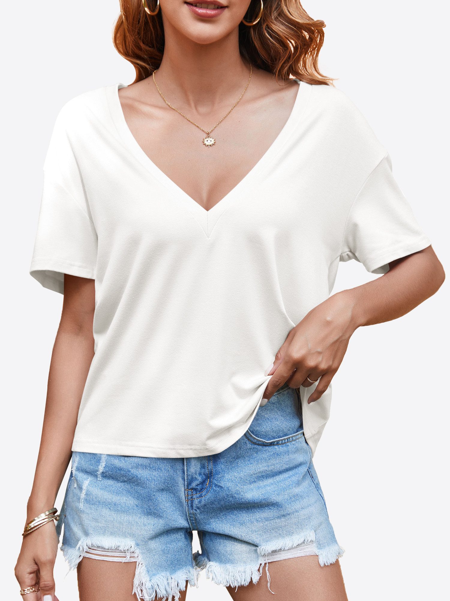 Imily Bela T-Shirt Damen Freizeit Kurzarmtop (Packung, 1-tlg., 1per-Pack) Einfarbig – Bild 5 von 5