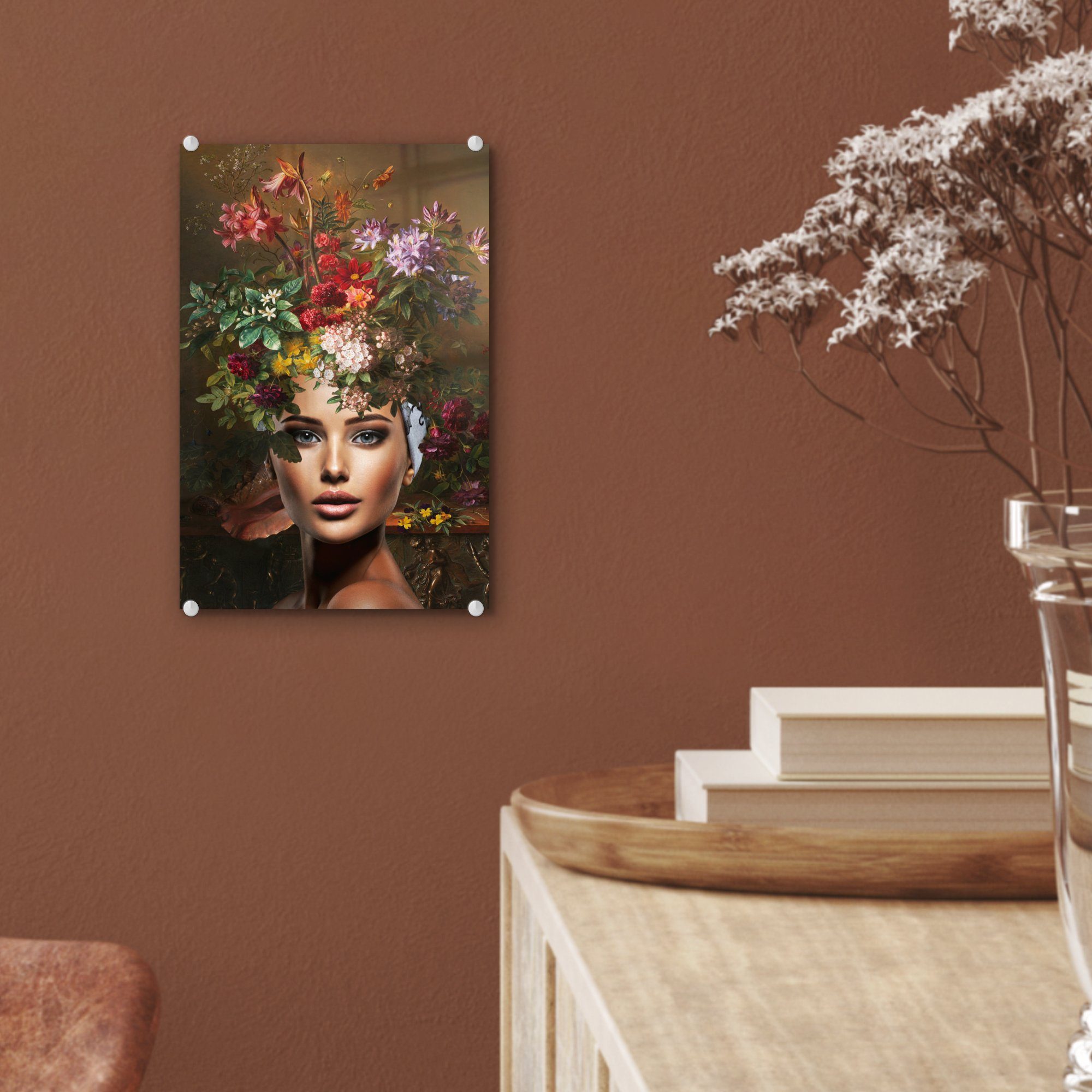 MuchoWow Acrylglasbild Frau - - - Blumen Farben, Glasbilder - Foto - Bilder Wanddekoration St), (1 Wandbild auf auf Glas Glas