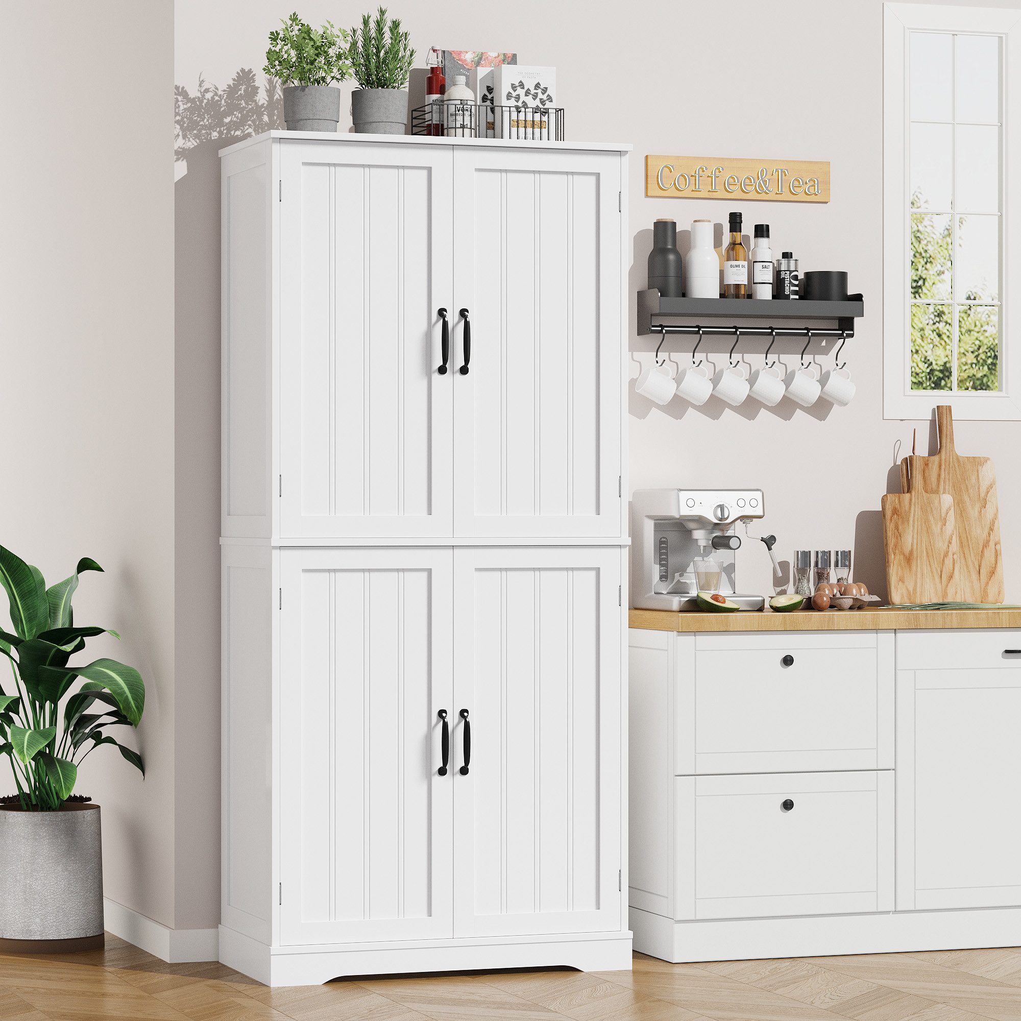 HOMECHO Küchenbuffet 180cm Küchenschrank mit 4 Türen Weiß Buffetschrank für Wohnzimmer Küche 180×80×40 cm