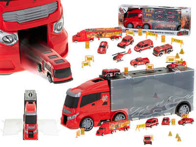 LA CUTE Spielzeug-Auto Feuerwehr-LKW/Transporter: Großes Spielset Autos, Hubschrauber uvm., (Spielzeug Auots-set, Großer LKW Transporter mit 7 Verschiedenen Feuerwehrfahrzeugen), Realistische Fahrzeuge, großer Transporter