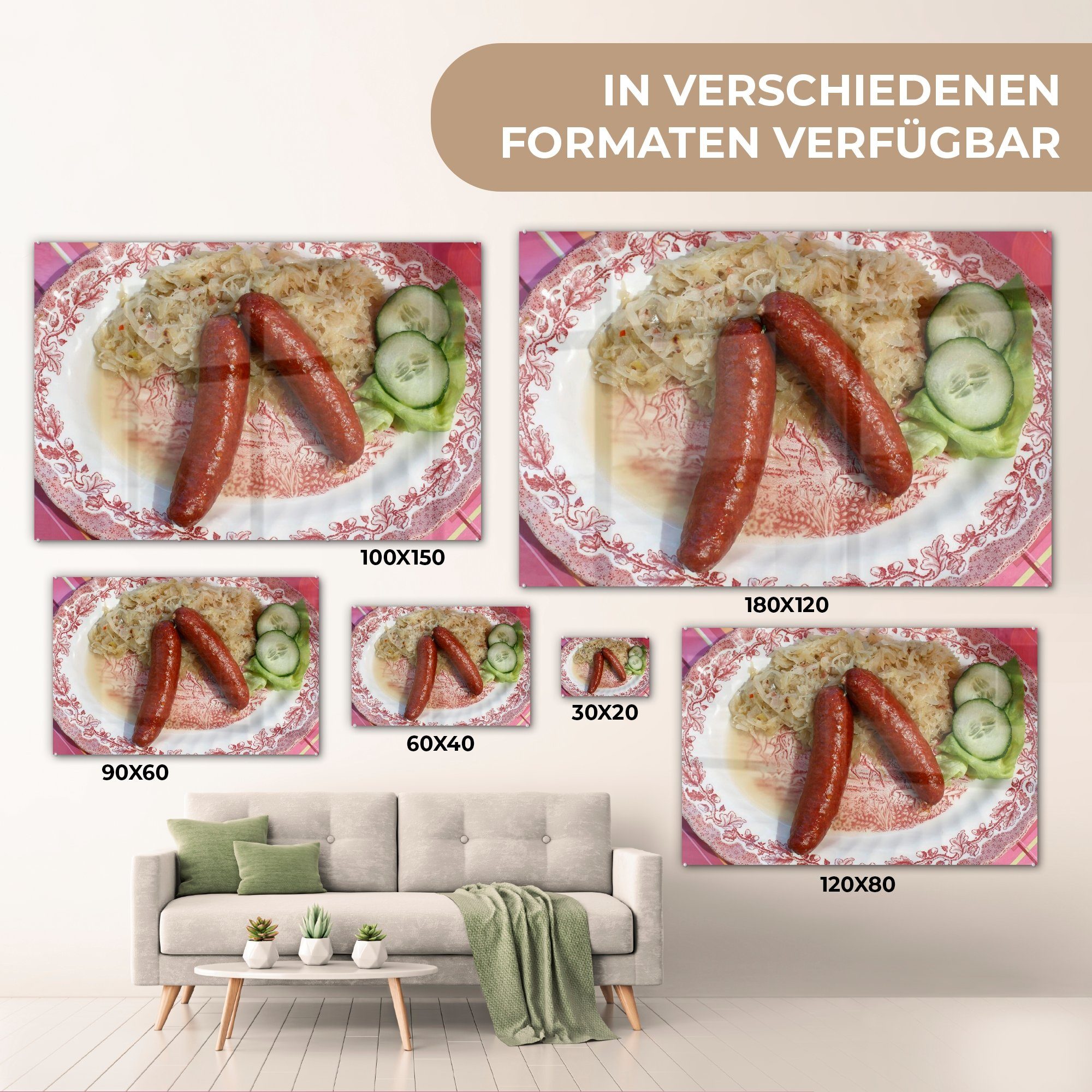 MuchoWow Acrylglasbild Sauerkraut und St), Wohnzimmer Gurke, geräucherter Wurst Schlafzimmer Acrylglasbilder & (1 mit