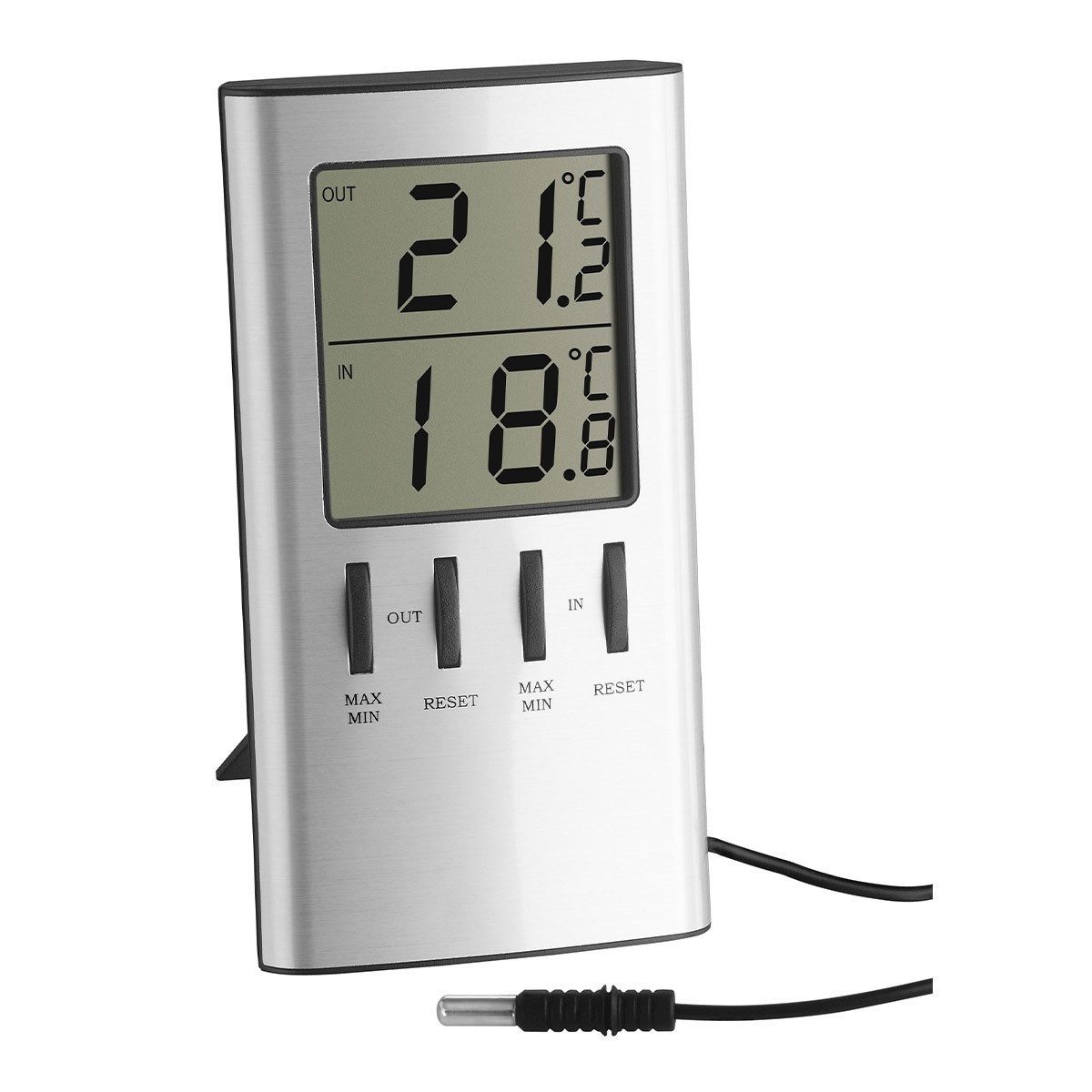 TFA Dostmann Raumthermometer Digitales Innen-Außen-Thermometer mit Kabel und Speicher, Überwachung von Gefriergerät oder Aquarium