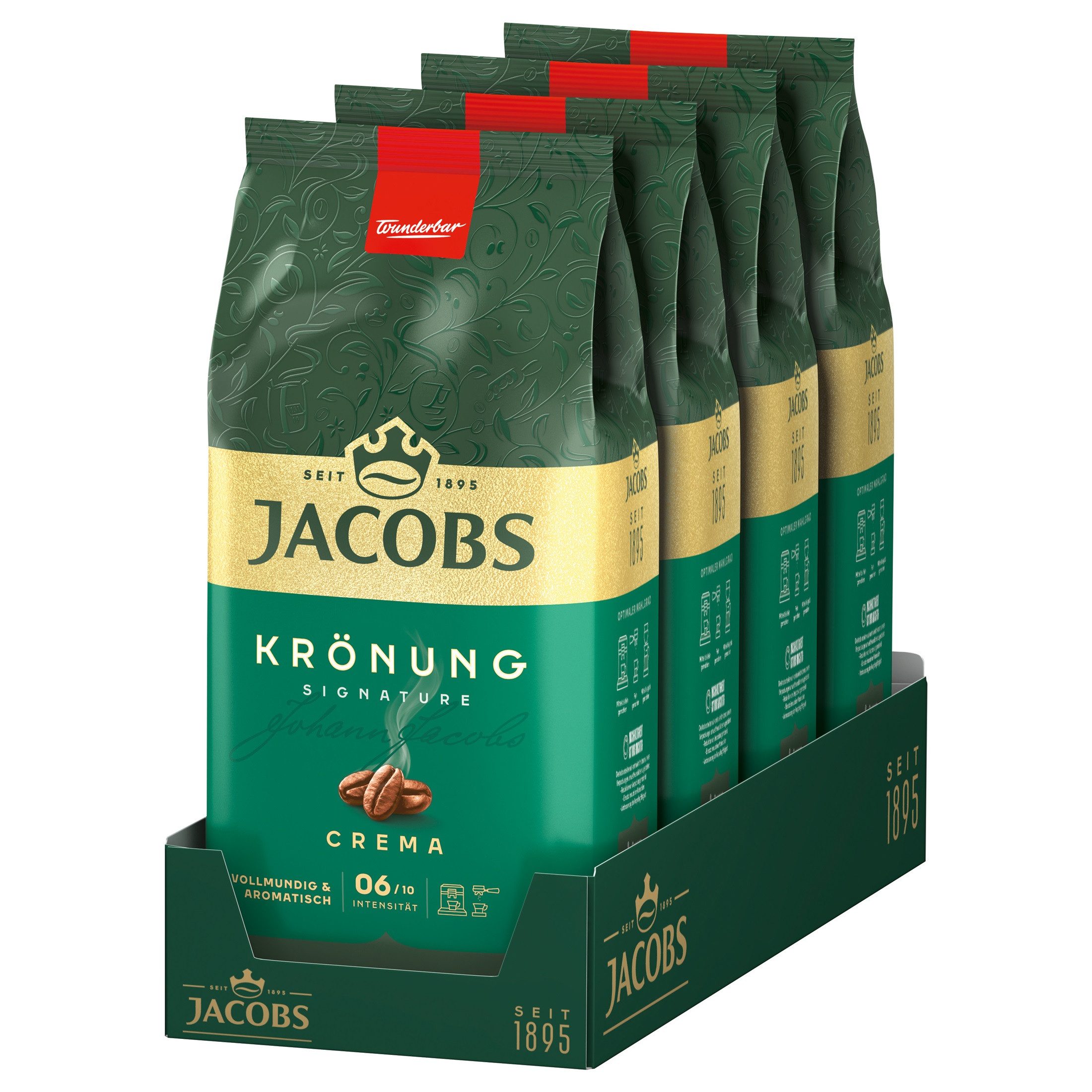 JACOBS Kaffee Kaffeebohnen Krönung Crema ganze Bohnen geröstet Röstung 4 x 1 kg, 4000 g, (Packung, 4er Pack)