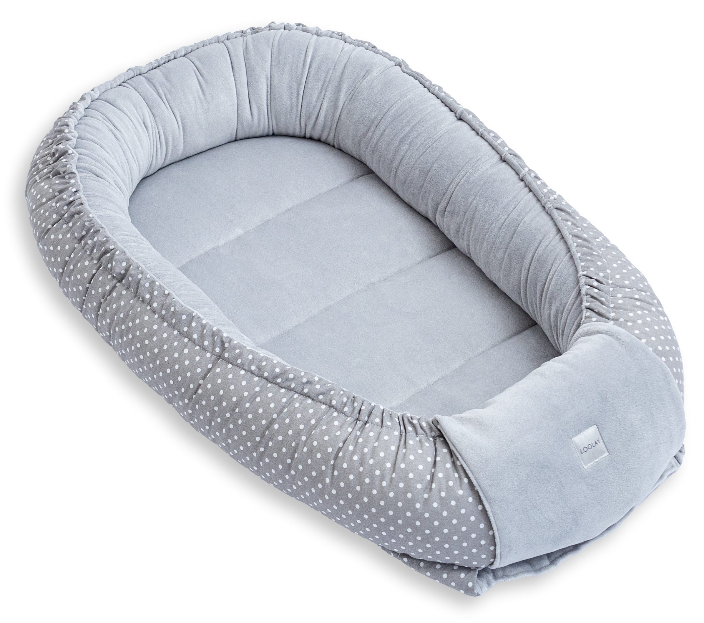 Loolay Kuschelnest BABYNEST SOLO Premium Babyausstattung - Baumwolle & Samt Velours, (MUSTER: GRAU Samt Velour/ Mini PUNKTE Grau, 1-tlg., Liebevoll handgefertigt Nestchen! Geborgenheit Komfort für Neugeborene), Premium Ausstattung - 100% Europäische Stoffe und Kleinserien-Nähen!