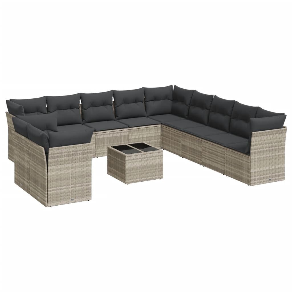 Gartenlounge-Set 12-tlg. Garten-Sofagarnitur mit Kissen Hellgrau Poly Rattan