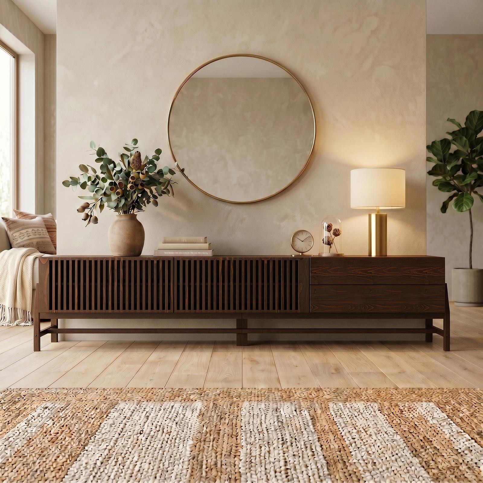 IDIMEX Lowboard ADAMO, 220cm mit Lamellentüren aus Massivholz für 90 Zoll TVs Nussbaum Finish