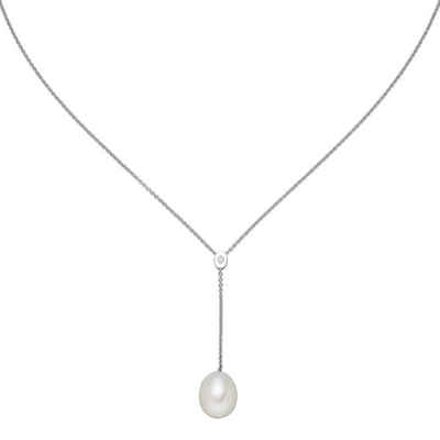 Schmuck Krone Silberkette Y-Kette Collier mit Süßwasser Perle creme-weiß Zirkonia 925 Silber 42-45cm Damen
