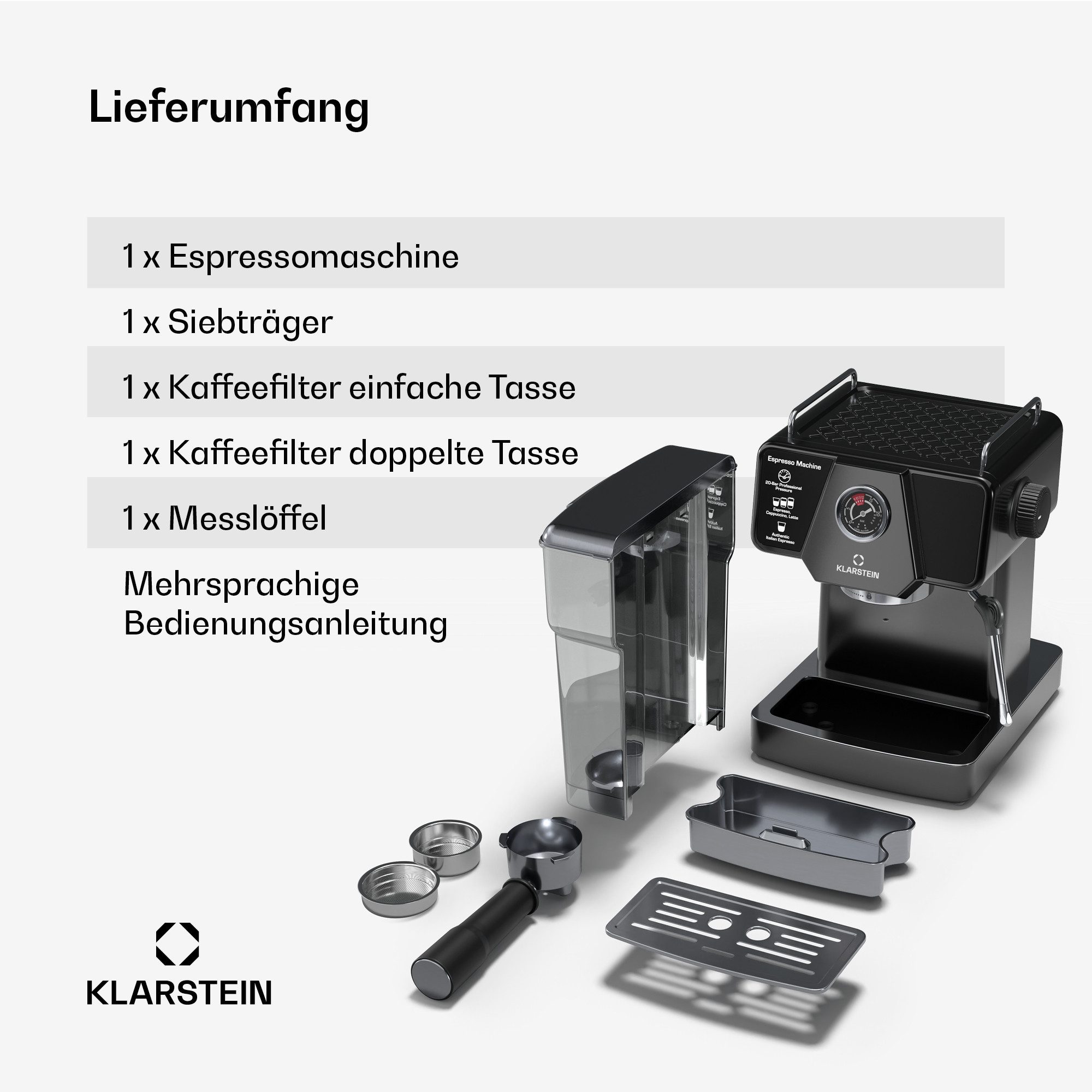 Klarstein Filterkaffeemaschine, 1.8l Kaffeekanne, Edelstahl-Siebträger, Elektrisch 19 Bar Espressomaschine Kaffemaschine Touch