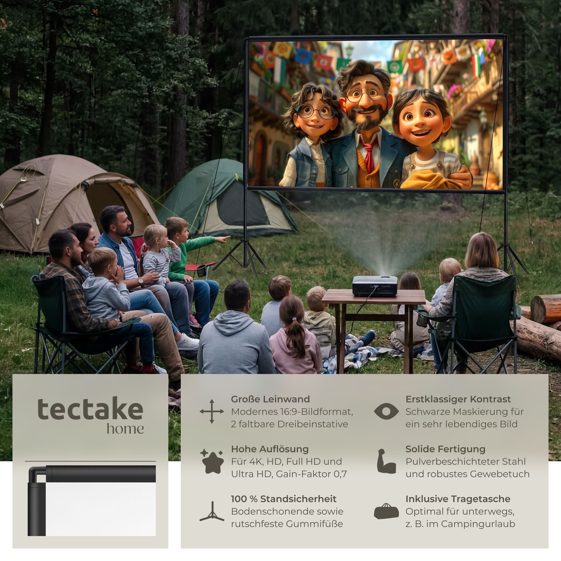 tectake Beamer-Leinwand für 4K, HD, Ultra HD und Full HD, Format 16:9, 100“ Deckeneinbauleinwand (Gain-Faktor 0, 7, robust, faltenfrei gespannt, inklusive Tragetasche)