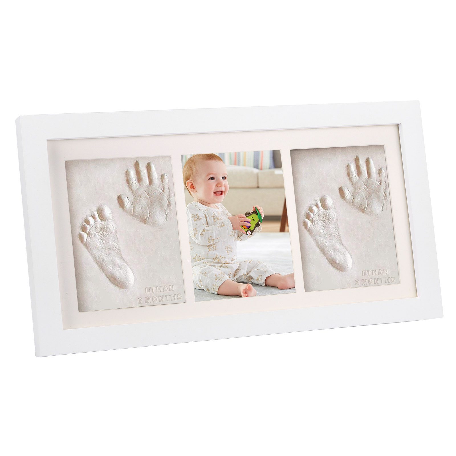 BlingBin Bilderrahmen-Set Baby Handabdruck Fußabdruck Set Komplettset Gipsabdruck Kit, für 3 Bilder (1er Set, 1 St), 33 × 17 × 3,5 cm, Baby Meilenstein Geschenk Erinnerungs-Bilderrahmen für Baby