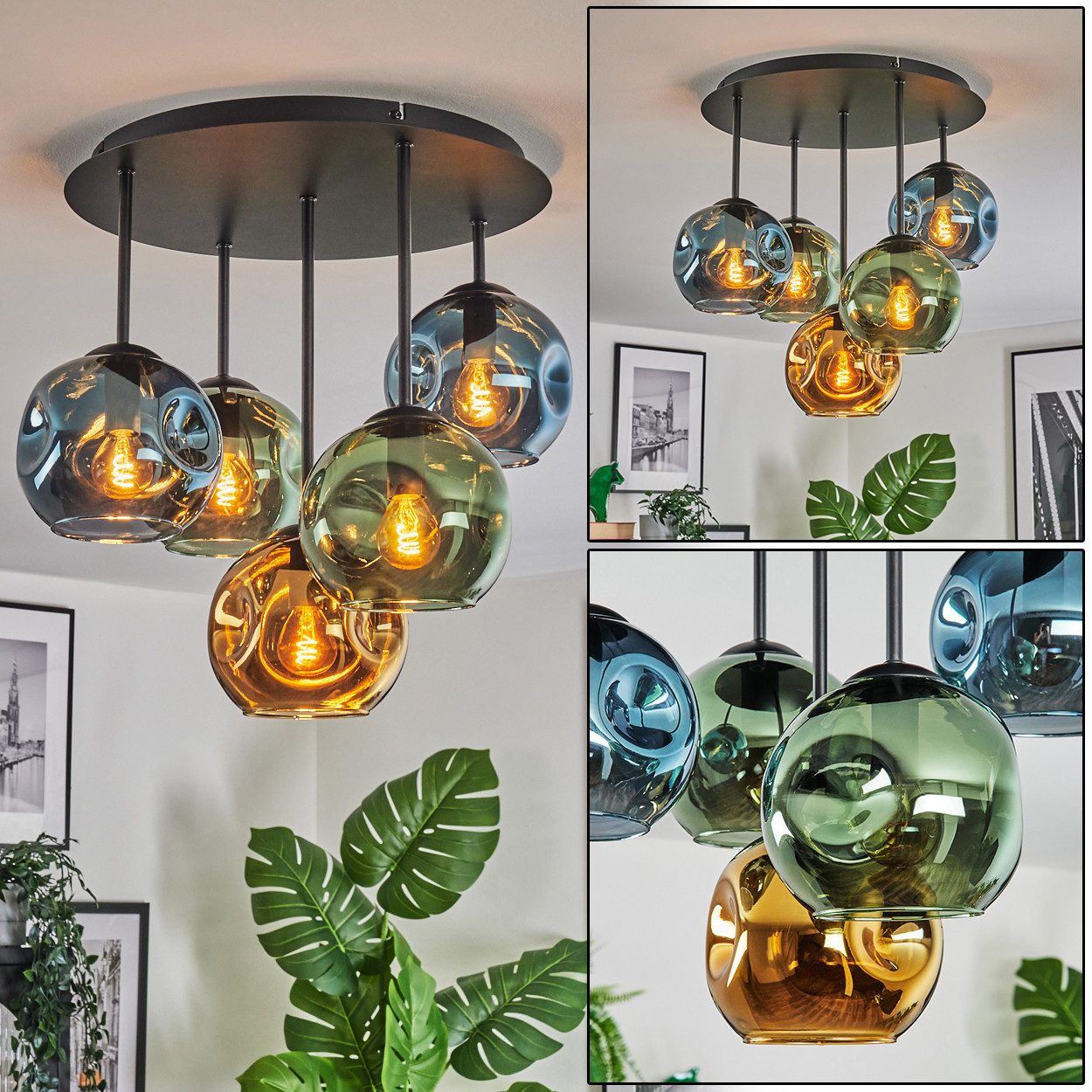 hofstein Deckenleuchte Deckenlampe aus Metall/Glas in Schwarz/Blau/Grün/Goldfarben, Deckenleuchte im Retro/Vintage-Design (Schirme Ø 15 cm), 5 x E14