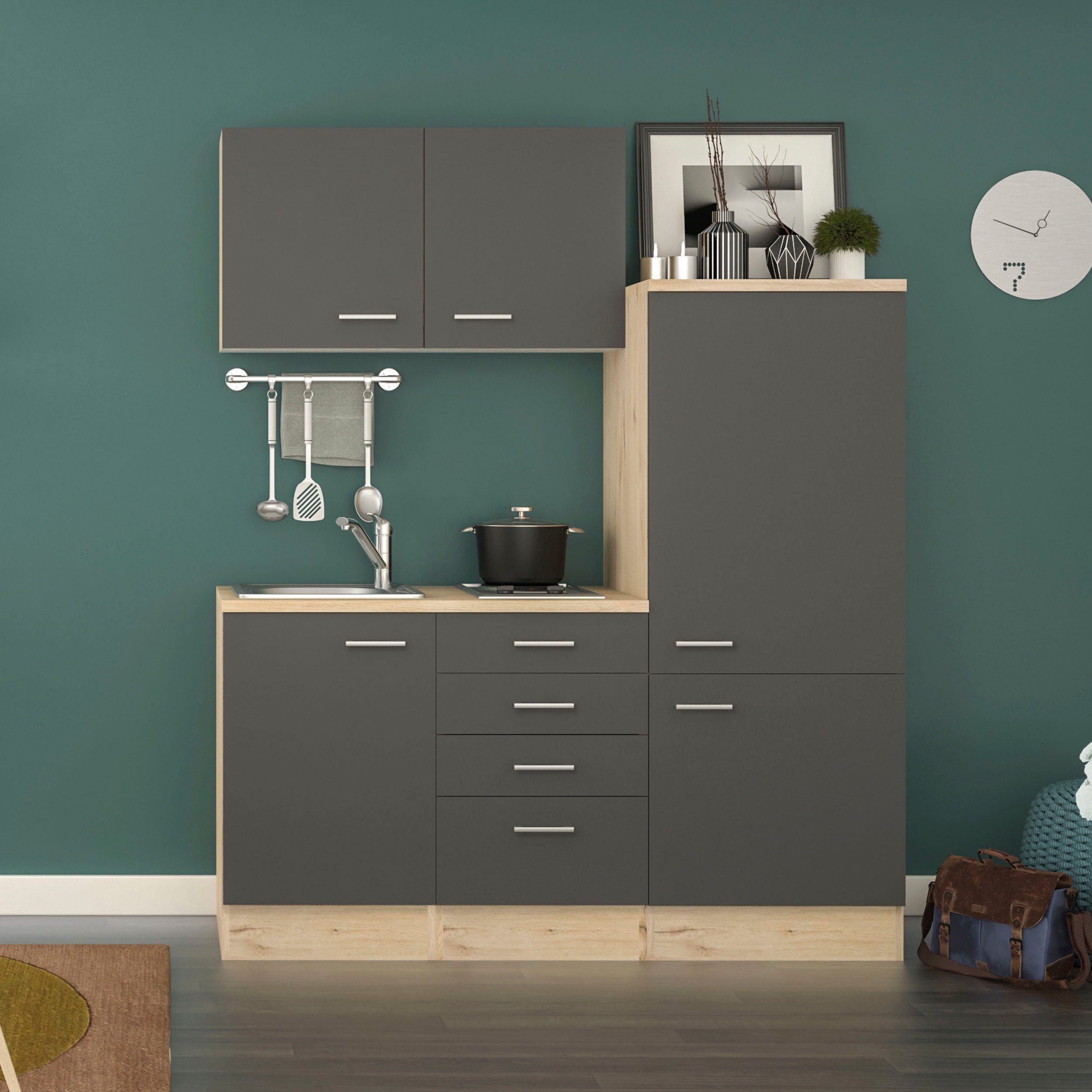 Flex-Well Küchenzeile Morena, Gesamtbreite 160 cm, mit Einbau-Kühlschrank, Kochfeld und Spüle, etc.