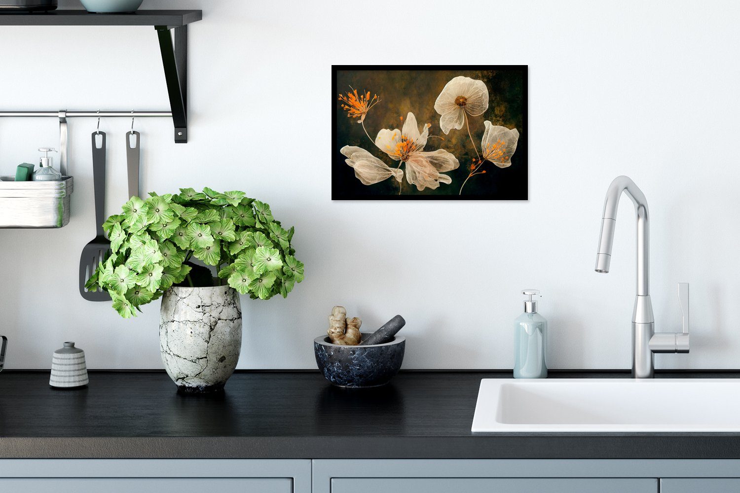 MuchoWow Poster Blumen - Pflanzen Natur (1 - - St), Illustration, Gerahmtes Wandposter, Bilderrahmen Schwarzem Bilder, Wanddeko, Poster