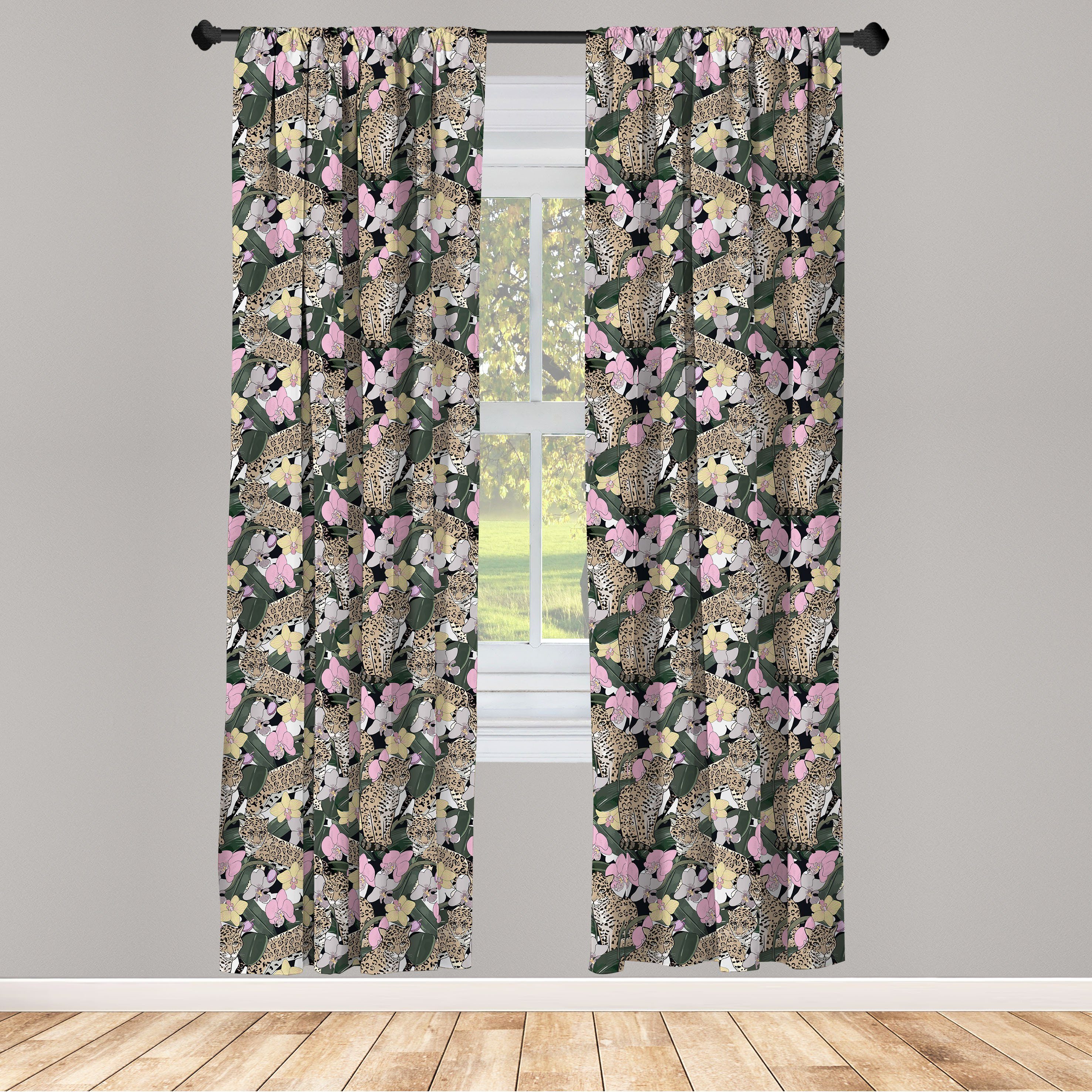 Gardine Vorhang für Wohnzimmer Schlafzimmer Dekor, Abakuhaus, Microfaser, Safari Exotische Orchideen Jaguars