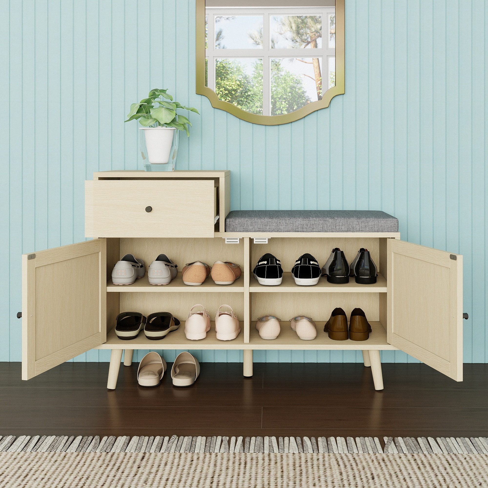 IDEASY Schuhschrank Boho-Schuhbank Naturholz mit Rattantüren & Schublade