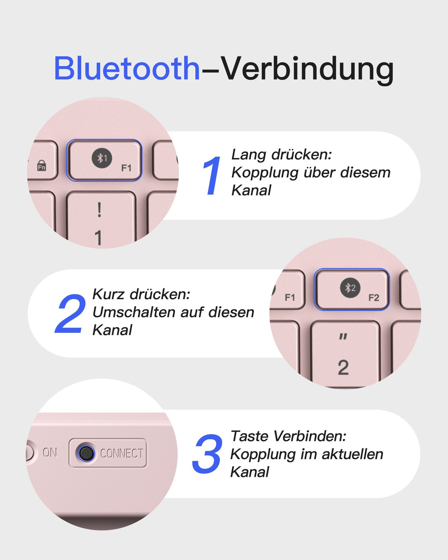 Inateck für iPad Pro/Air/Mini/Windows/Android/IOS, Ergonomisches Design Wireless-Tastatur (Ultraslim, Vergrößerte Tastenkappen, 3 Bluetooth)