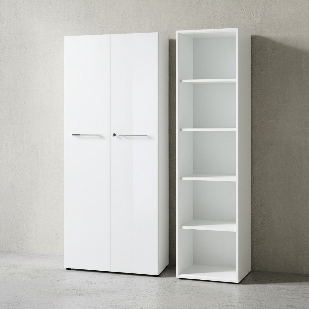 KADIMA DESIGN Büromöbel-Set Büro-Set MUENCHEN 2-tlg, Schrank Regal 5 OH, Glasfront Abschließbar, (ABS-Kanten, Büromöbel Made in Germany, Home Office, Styroporfrei), Aktenschrank (80cm), Aktenregal (65cm), Abschließbar, Soft-Close, Büro