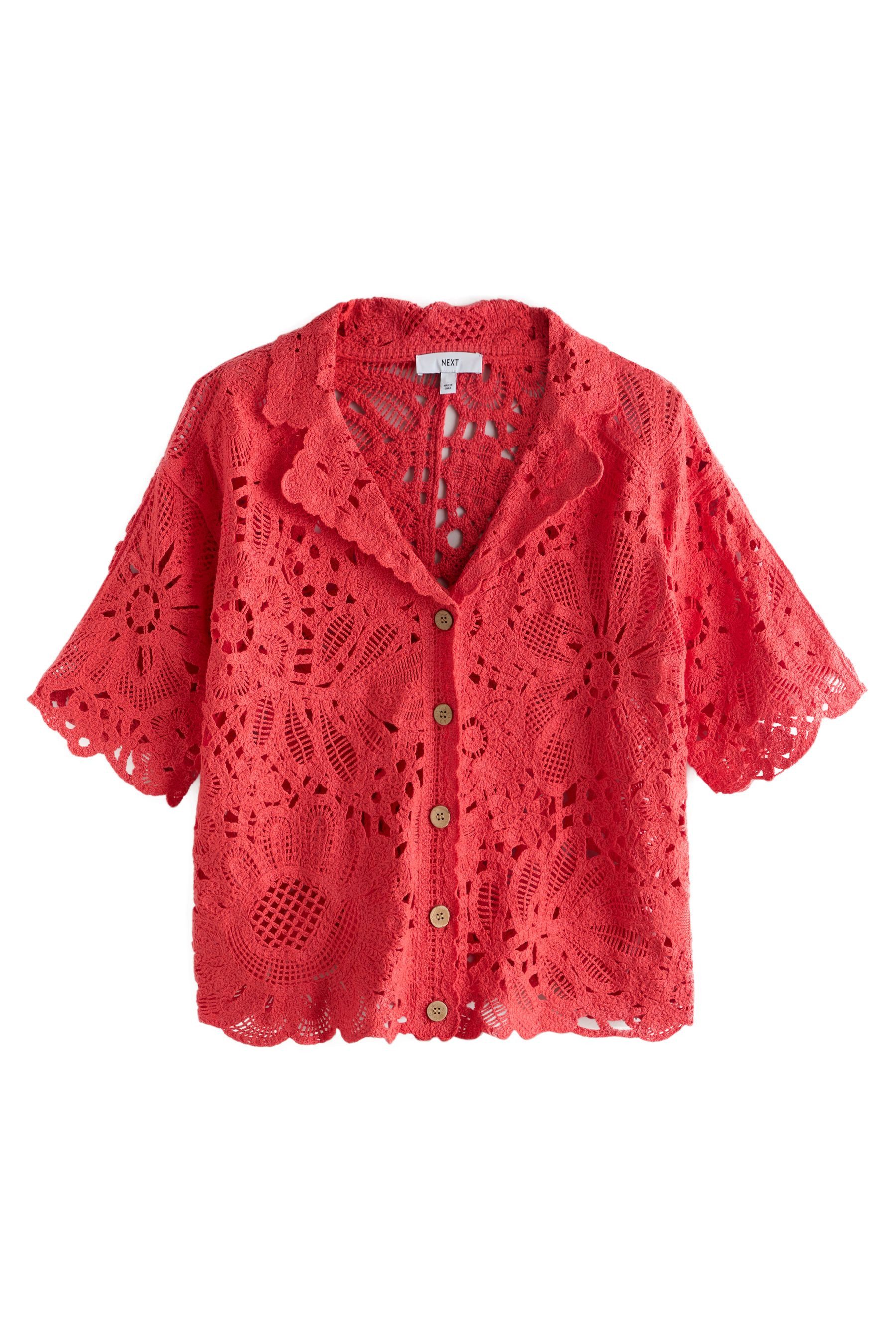 Next Hemdbluse Kurzarmhemd mit Häkeldetail und offenem Kragen (1-tlg)
