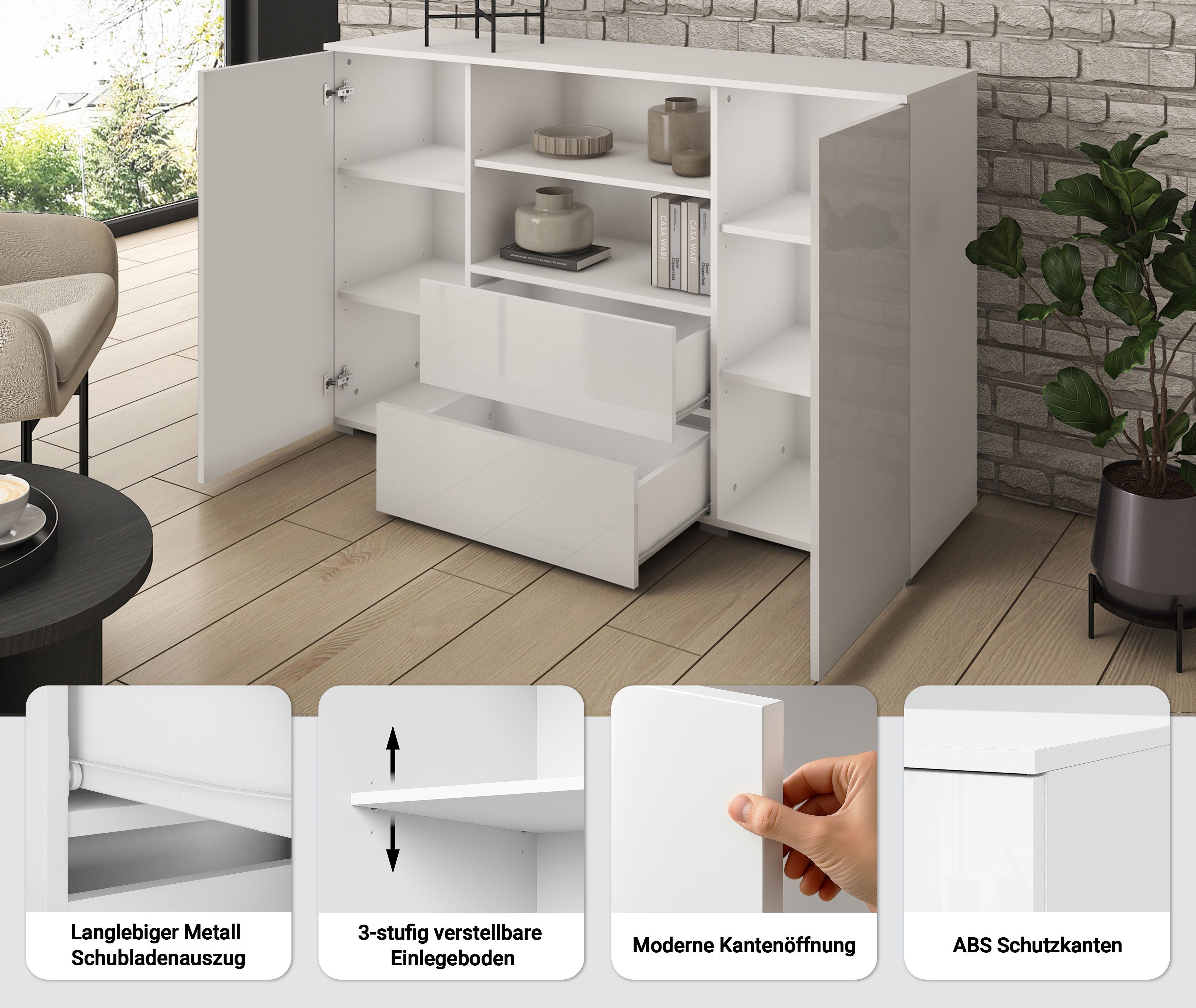 INOSIGN Sideboard PARIS (1 St), Moderne 140cm breite grifflose Kommode, vielseitig einsetzbar