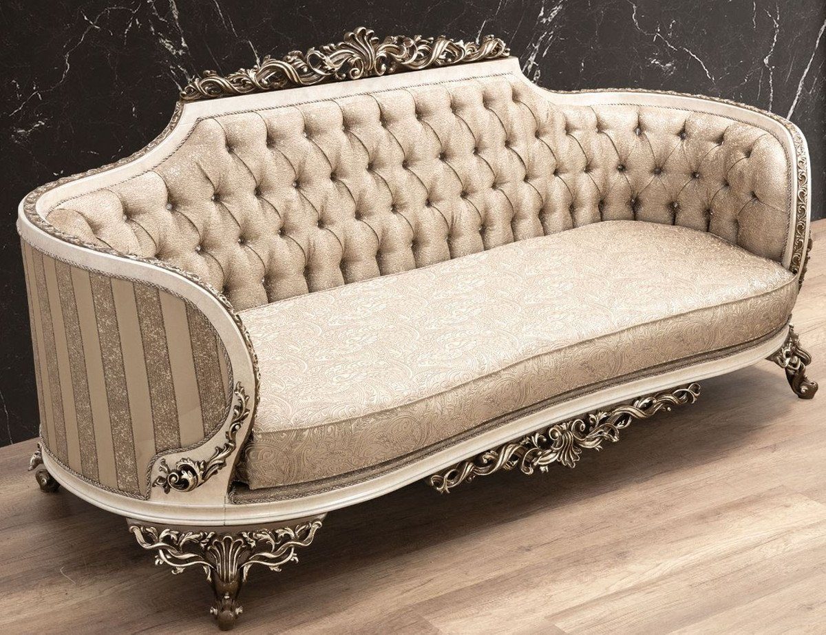 Casa Padrino Sofa Luxus Barock Sofa Beige / Cremefarben / Braun / Gold - Prunkvolles Wohnzimmer Sofa mit elegantem Muster - Barock Wohnzimmer Möbel