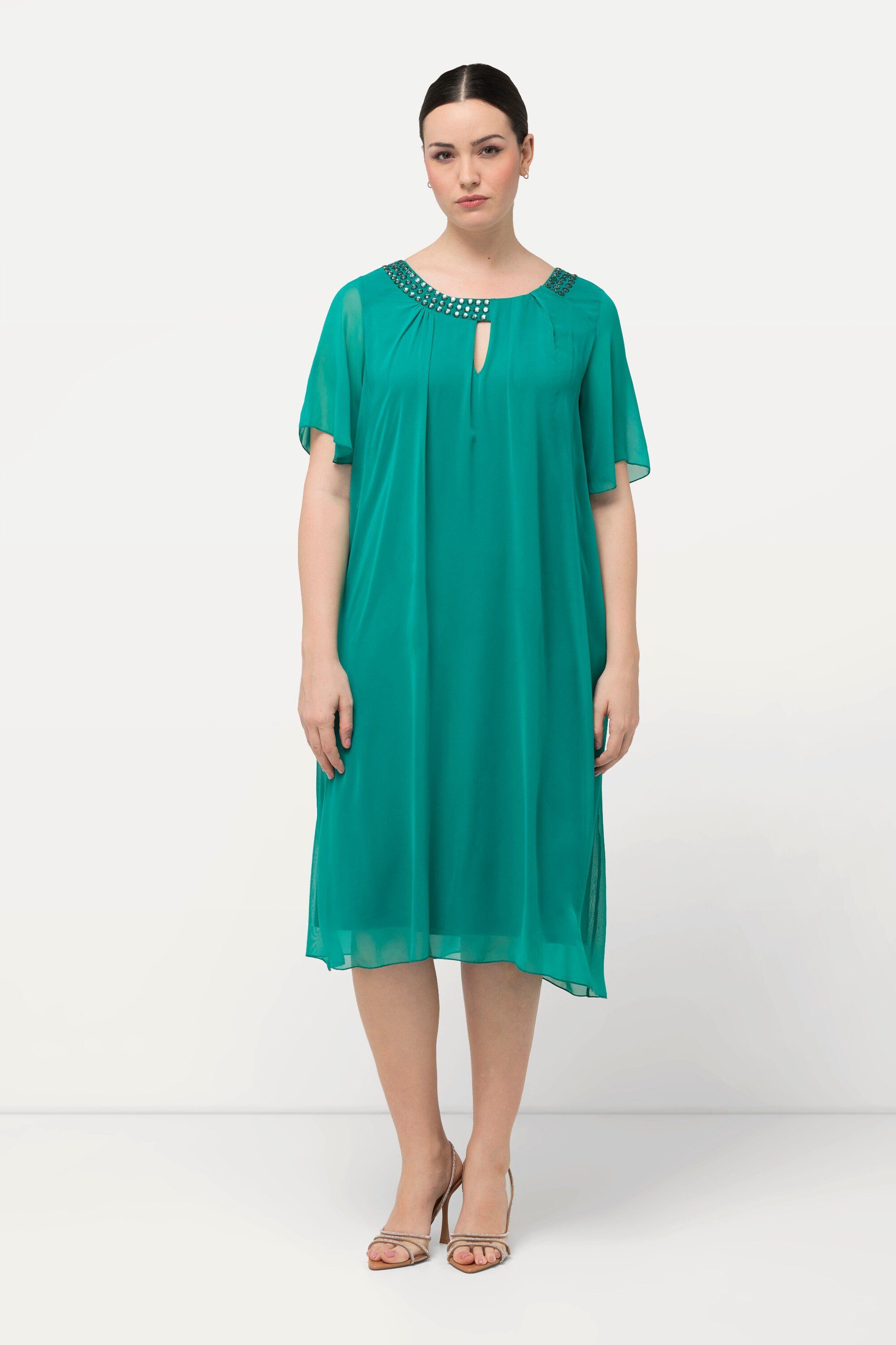 Ulla Popken Cocktailkleid Chiffonkleid Schmucksteine A-Linie Rundhals