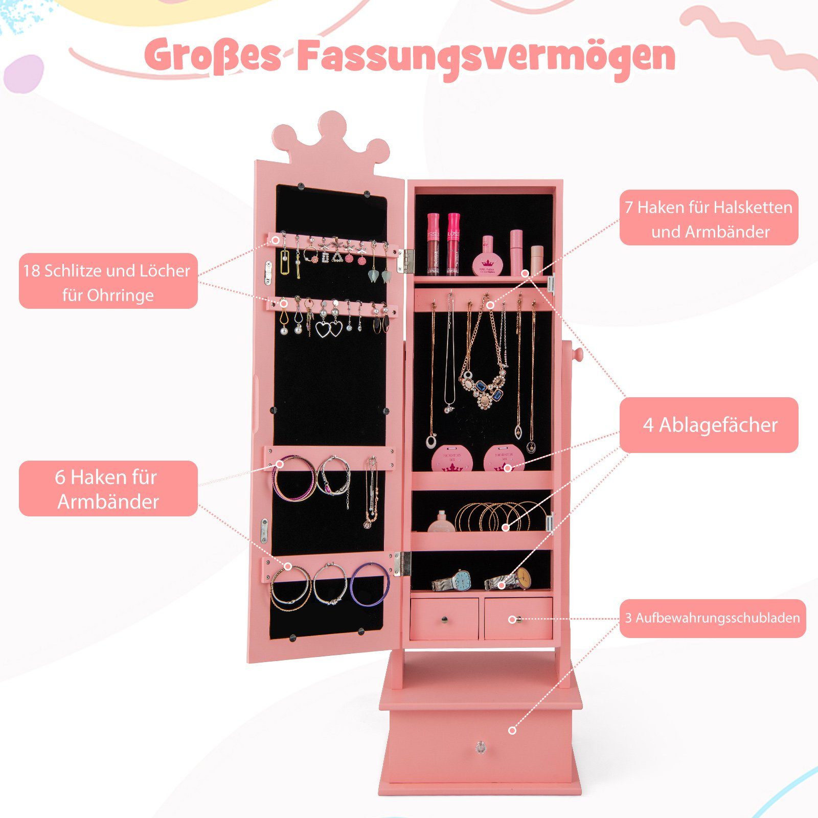COSTWAY Schmuckschrank Kinder Spiegelschrank mit 3 günstig online kaufen