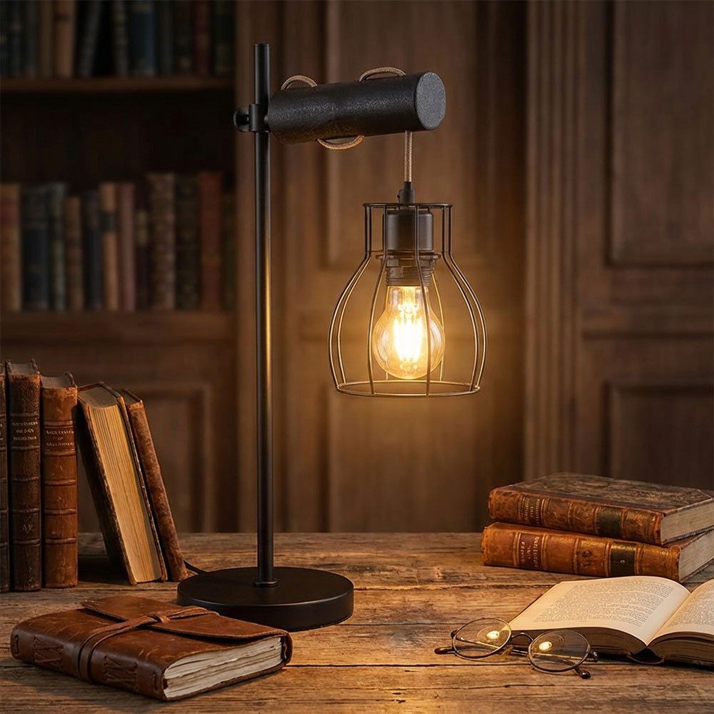 GLOBO LIGHTING Tischleuchte, Leuchtmittel nicht inklusive, Tischlampe Beistellleuchte Holz Retro E27 schwarz Höhenverstellbar