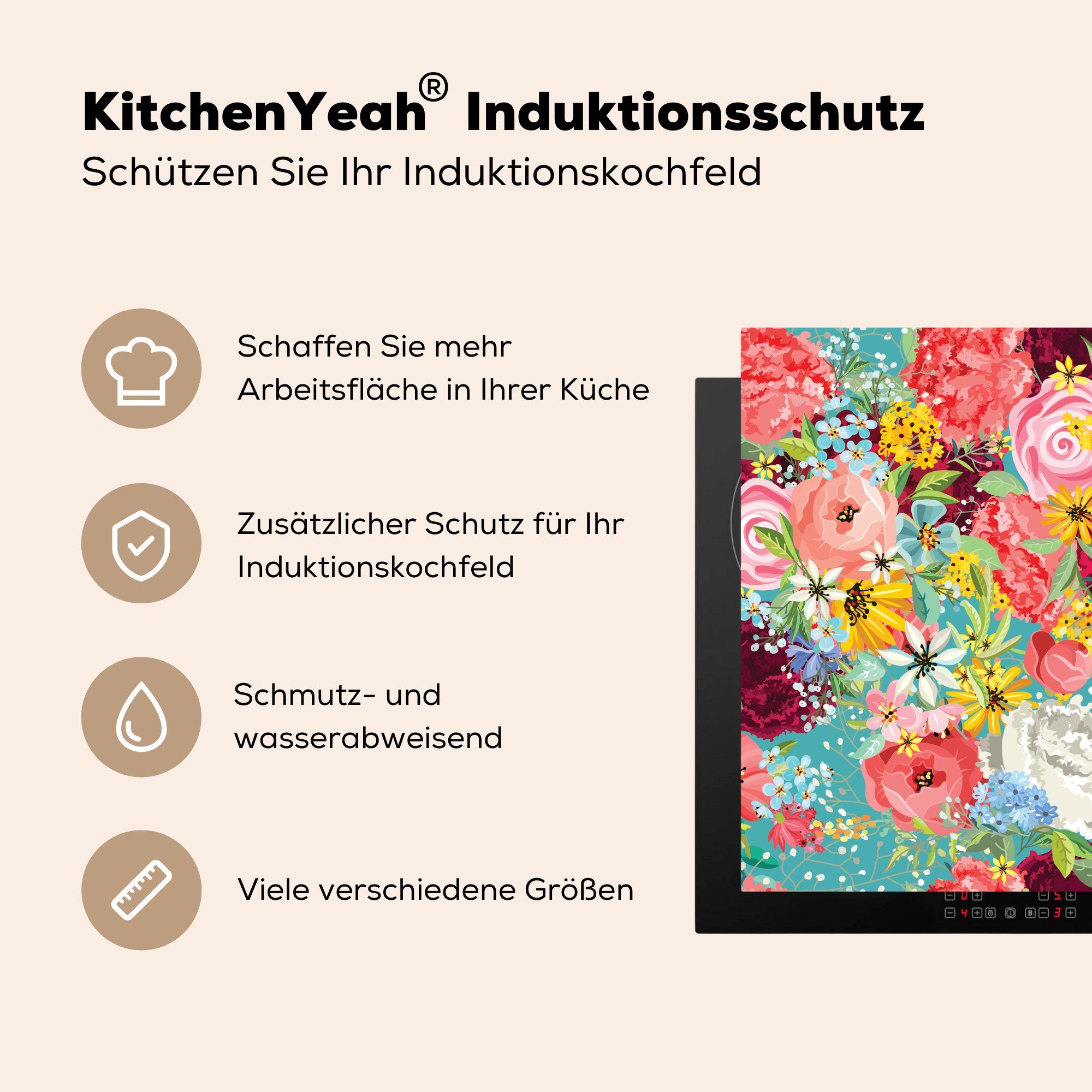 tlg), Vinyl, für mit küche Eine (1 farbenfrohe Herdblende-/Abdeckplatte MuchoWow Arbeitsplatte Illustration Ceranfeldabdeckung, Blumenmuster, 78x78 cm,